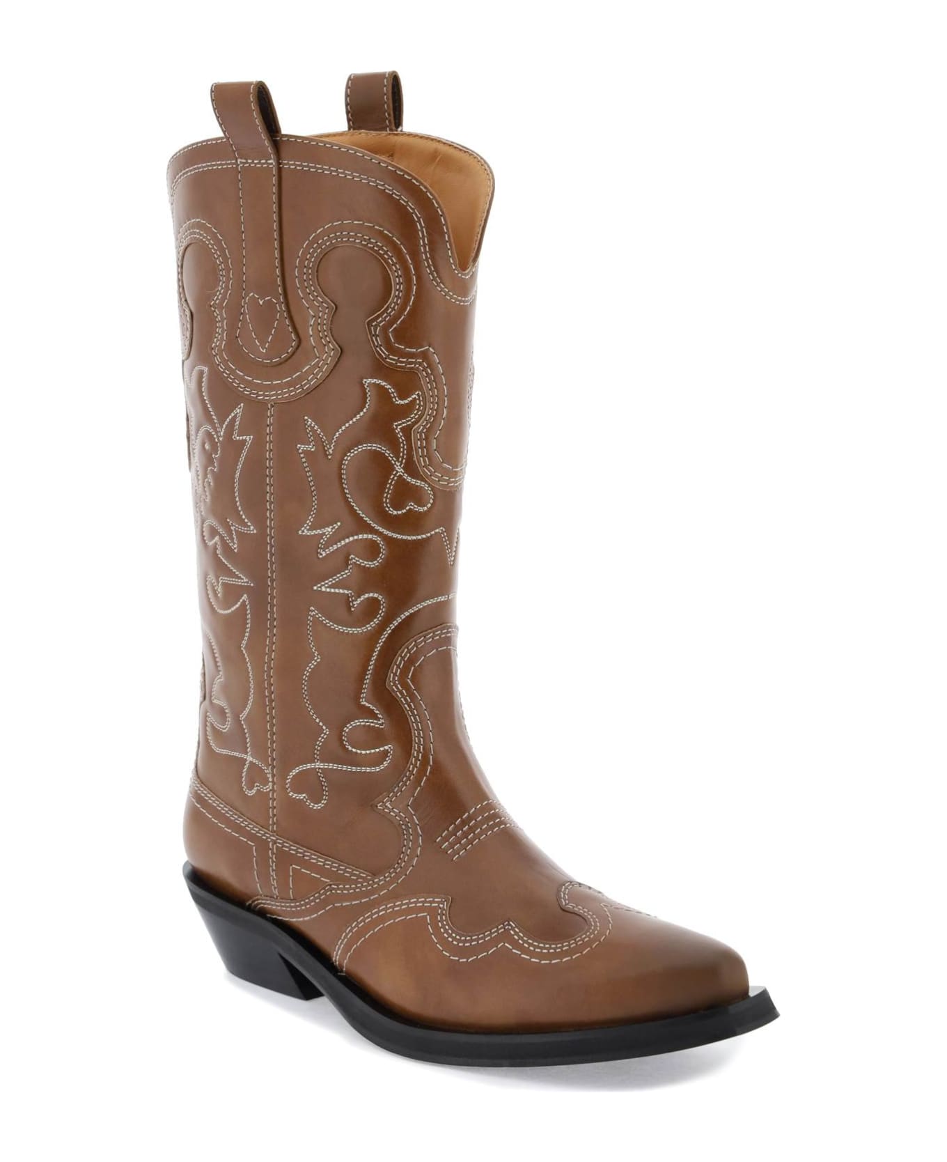 Ganni Embroidered Western Boots - Leather Brown