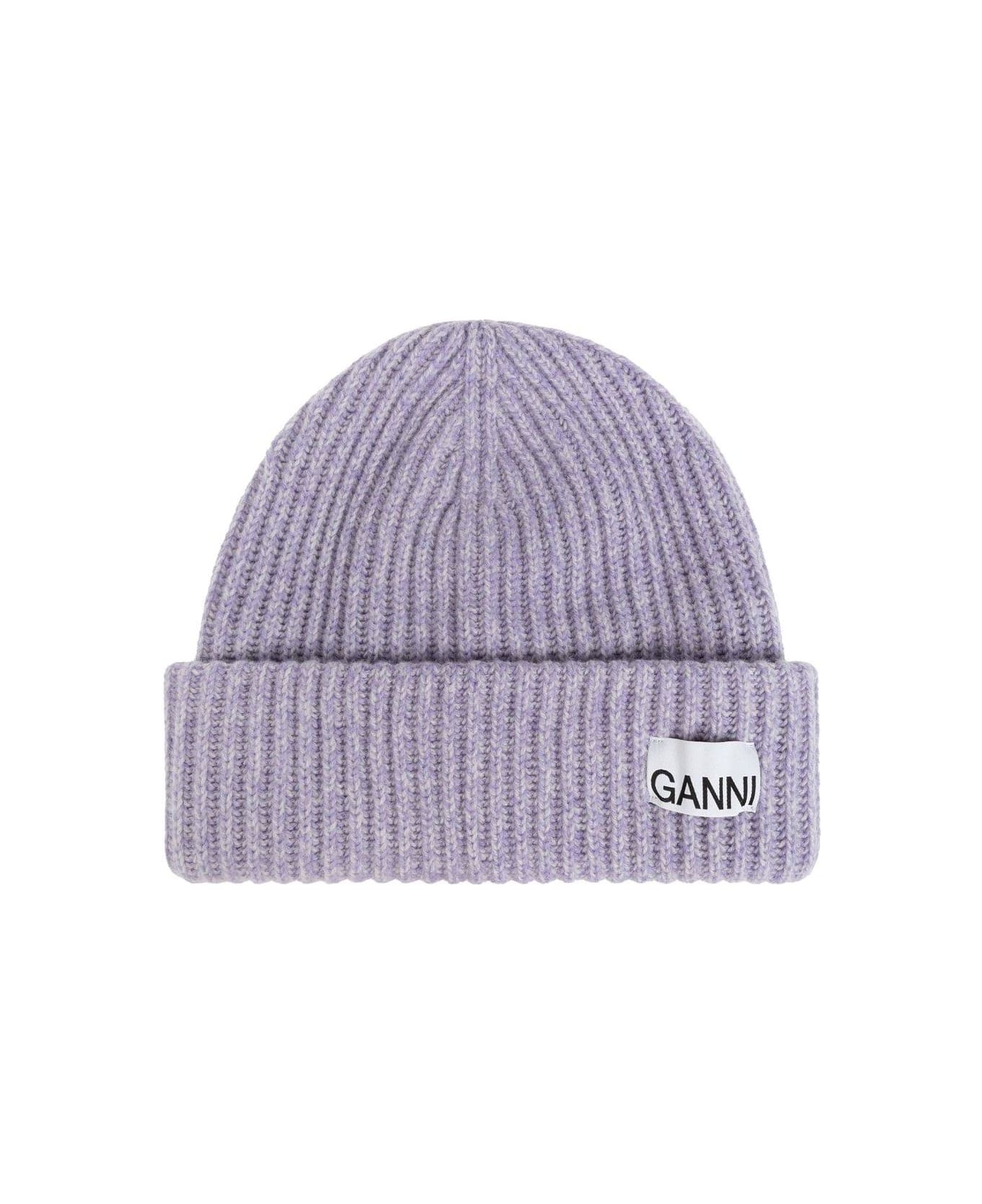 Ganni Logo Patch Knitted Beanie - LAVENDER BLUE