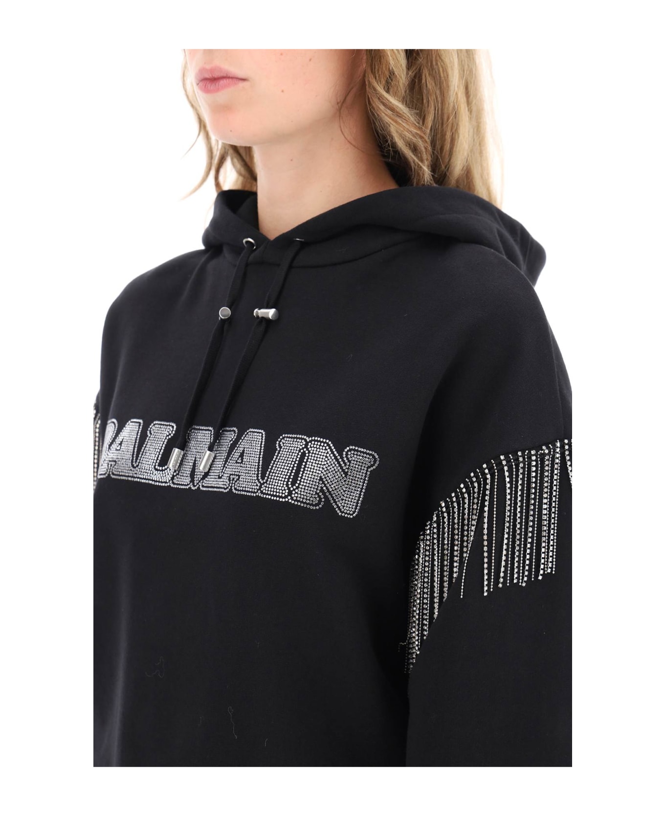 Balmain Cropped Hoodie With Rhinestone-studded Logo And Crystal Cupchains - NOIR CRISTAL (Black)
