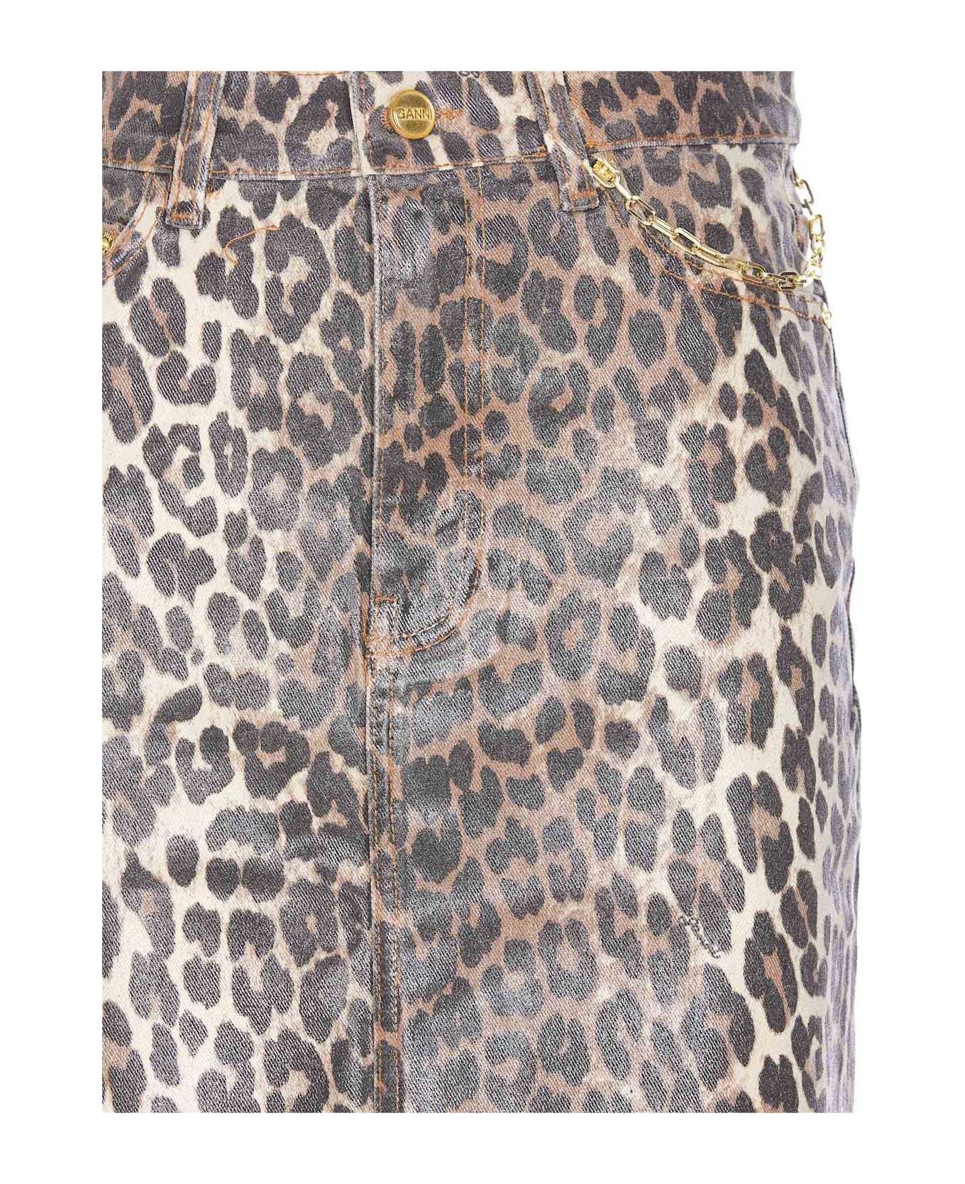 Ganni Foil Print Denim Leopard Skirt - Animalier
