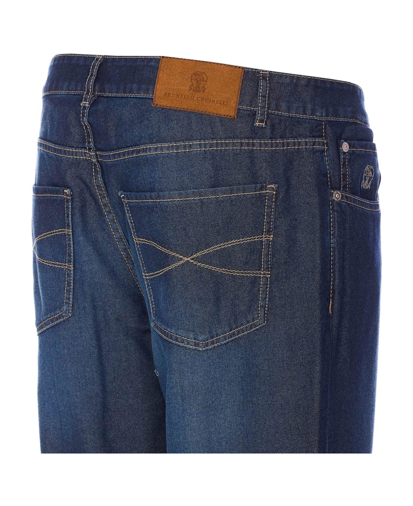 Brunello Cucinelli Logo Patch Turn-up Hem Jeans - Blue