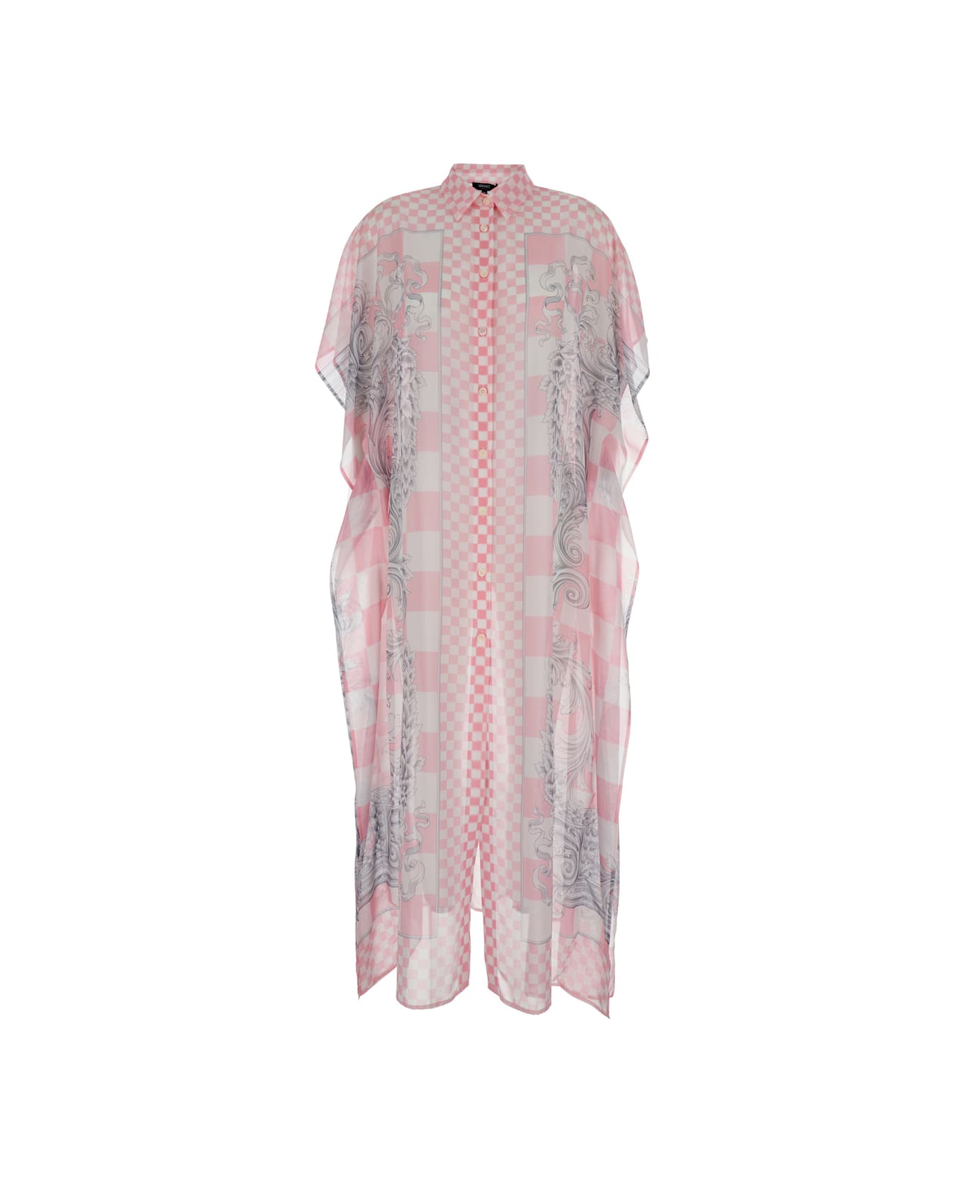 Versace Pink Shirt Dress With Barocco Check Print All-over In Viscose Woman - Pink