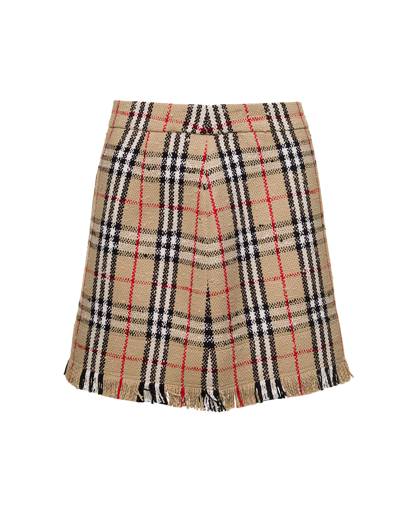 Burberry 'catia' Beige Mini Skirt With Fringed Hem And All-over Vintage Check Motif In Cotton Blend Woman - Beige