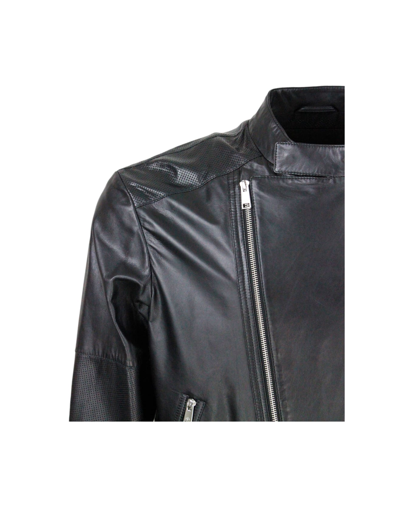 Armani Collezioni Jacket With Zip Closure Made Of Soft Lambskin With Perforated Leather Details. Zip On Pockets And Cuffs - Black
