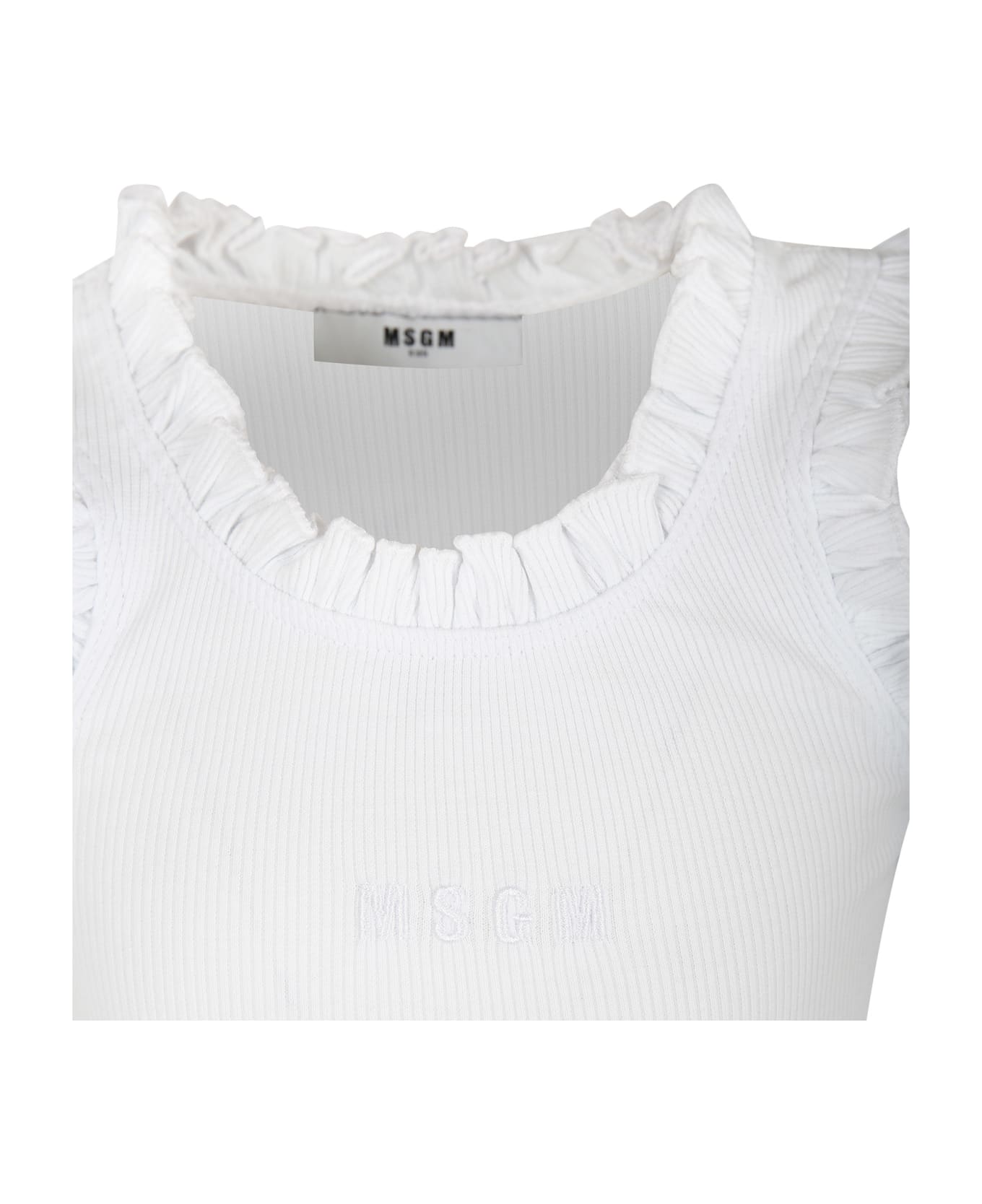 MSGM White Tank Top For Girl With Ruffles - Bianco Tシャツ＆ポロシャツ