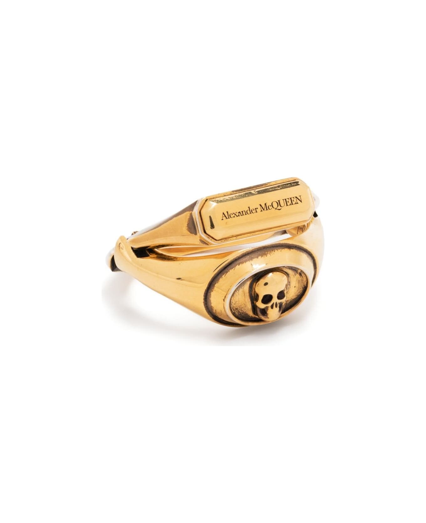 Alexander McQueen Gold-colored Double Ring With Skull Detail And Embossed Logo Lettering In Brass Woman - Metallic