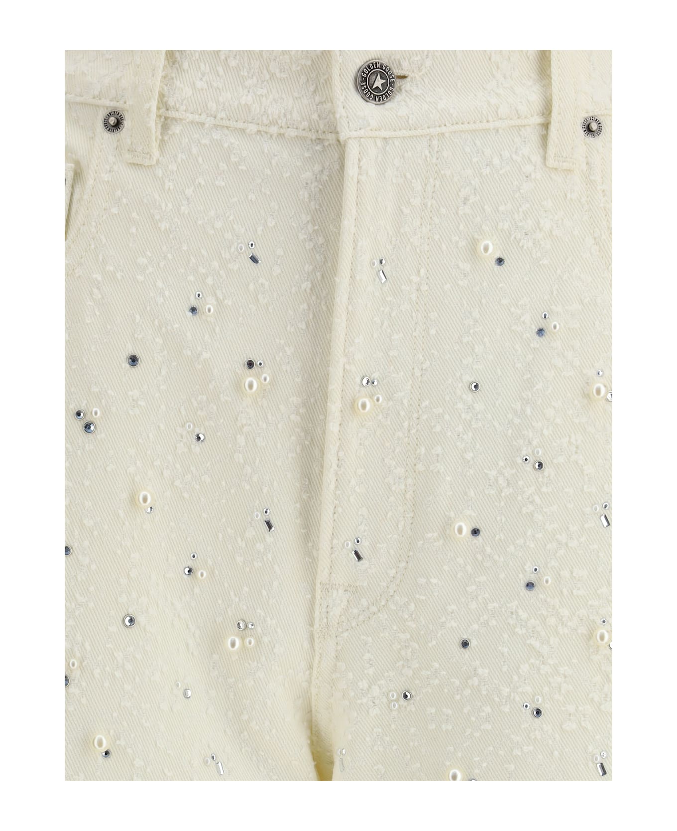 Golden Goose White Denim Pearl And Crystal Embroidered Pants