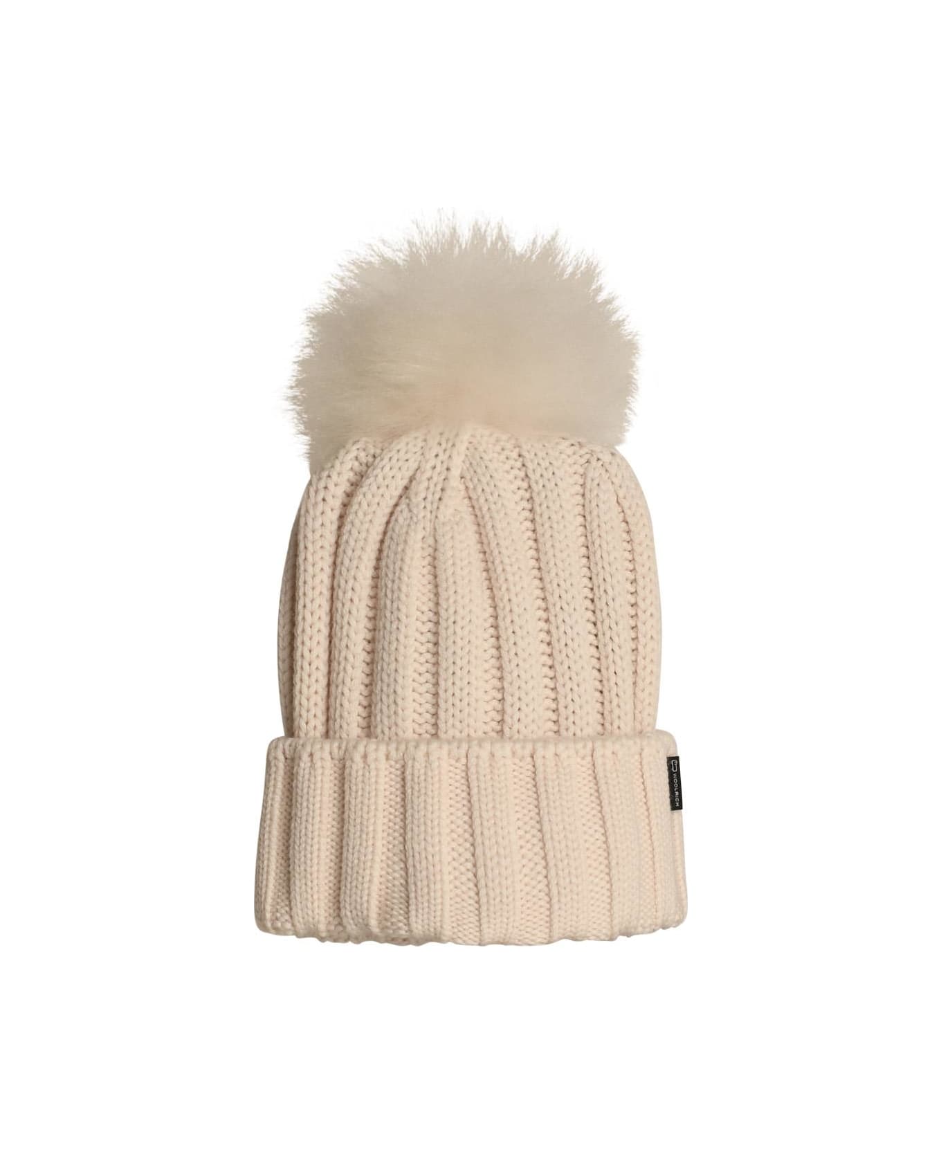 Woolrich 
pon Pon
 White Virgin Wool Beanie - Milky Cream