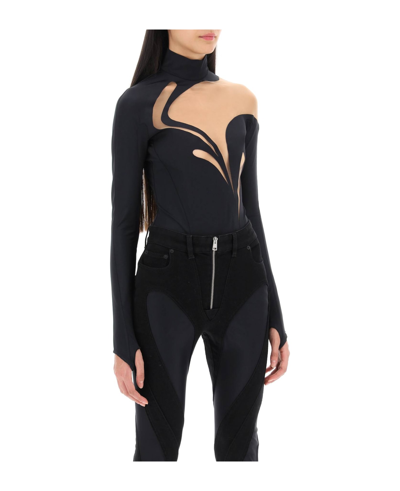 Mugler Long-sleeved Swirly Bodysuit - BLACK NUDE01 (Black)