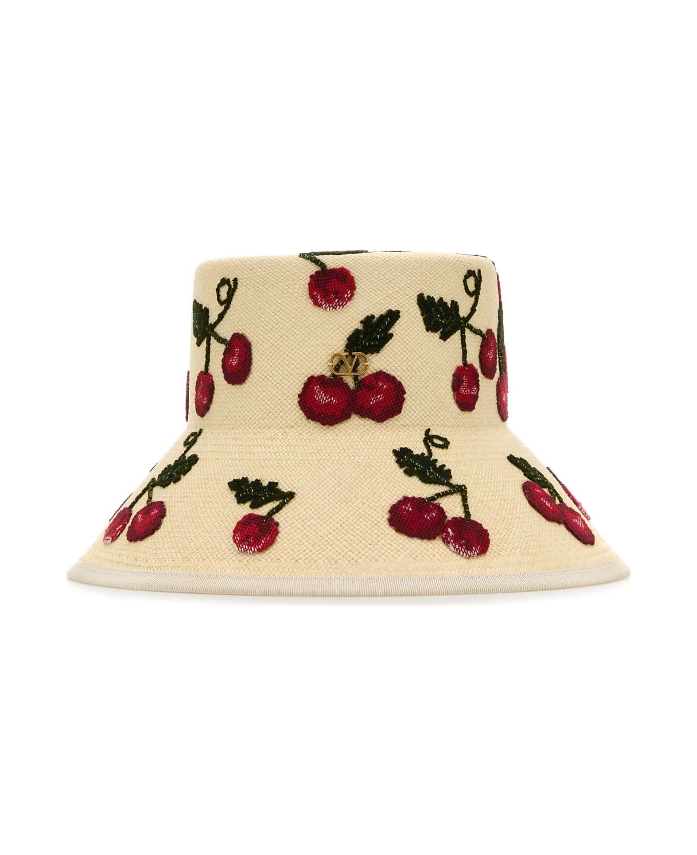 Valentino Garavani Embroidered Straw Cherryfic Hat - NATURALEROSSOVERDEANTIQUEBRASS