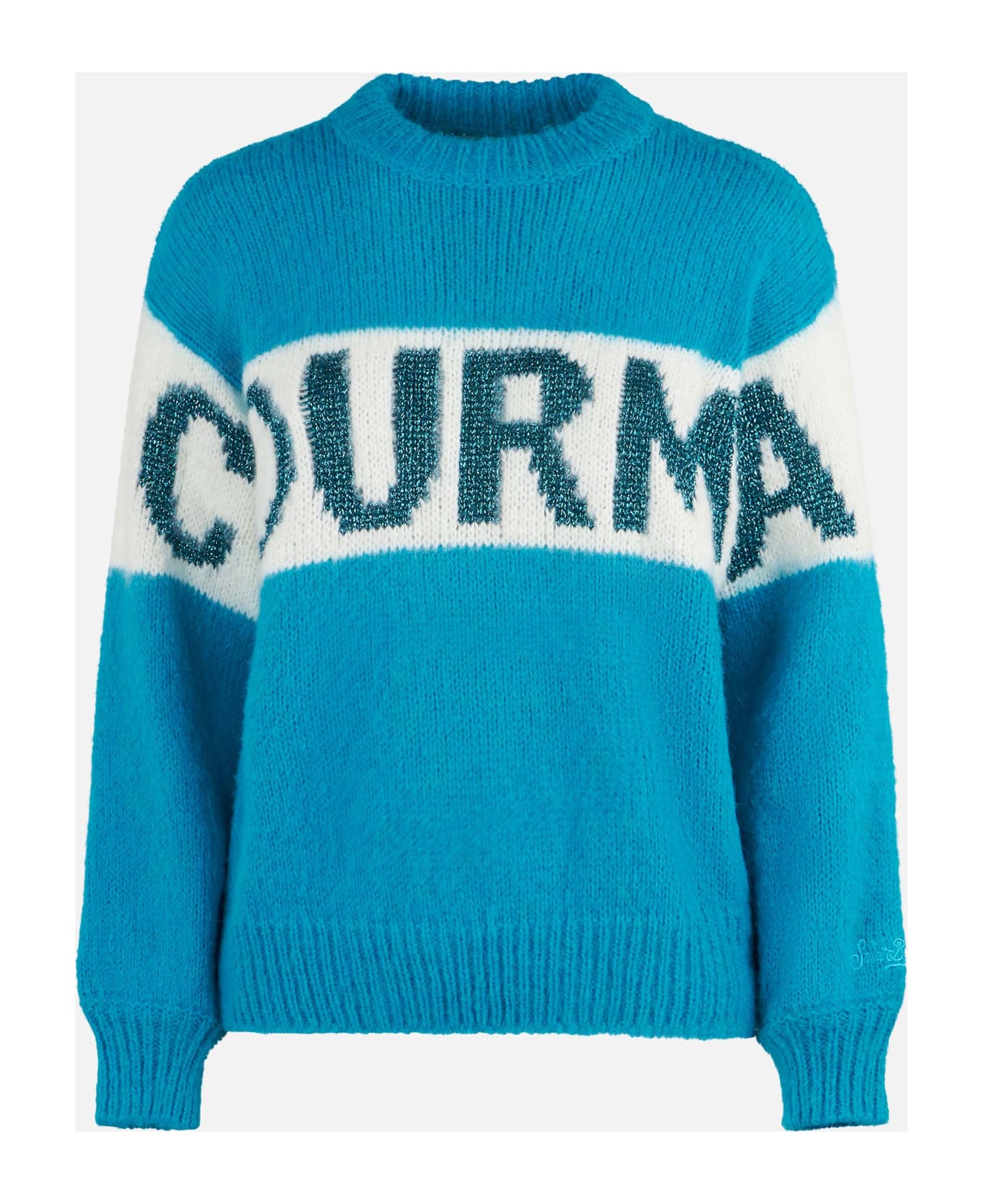 MC2 Saint Barth Woman Boxy Shape Soft Sweater With Courma Jacquard Print - SKY