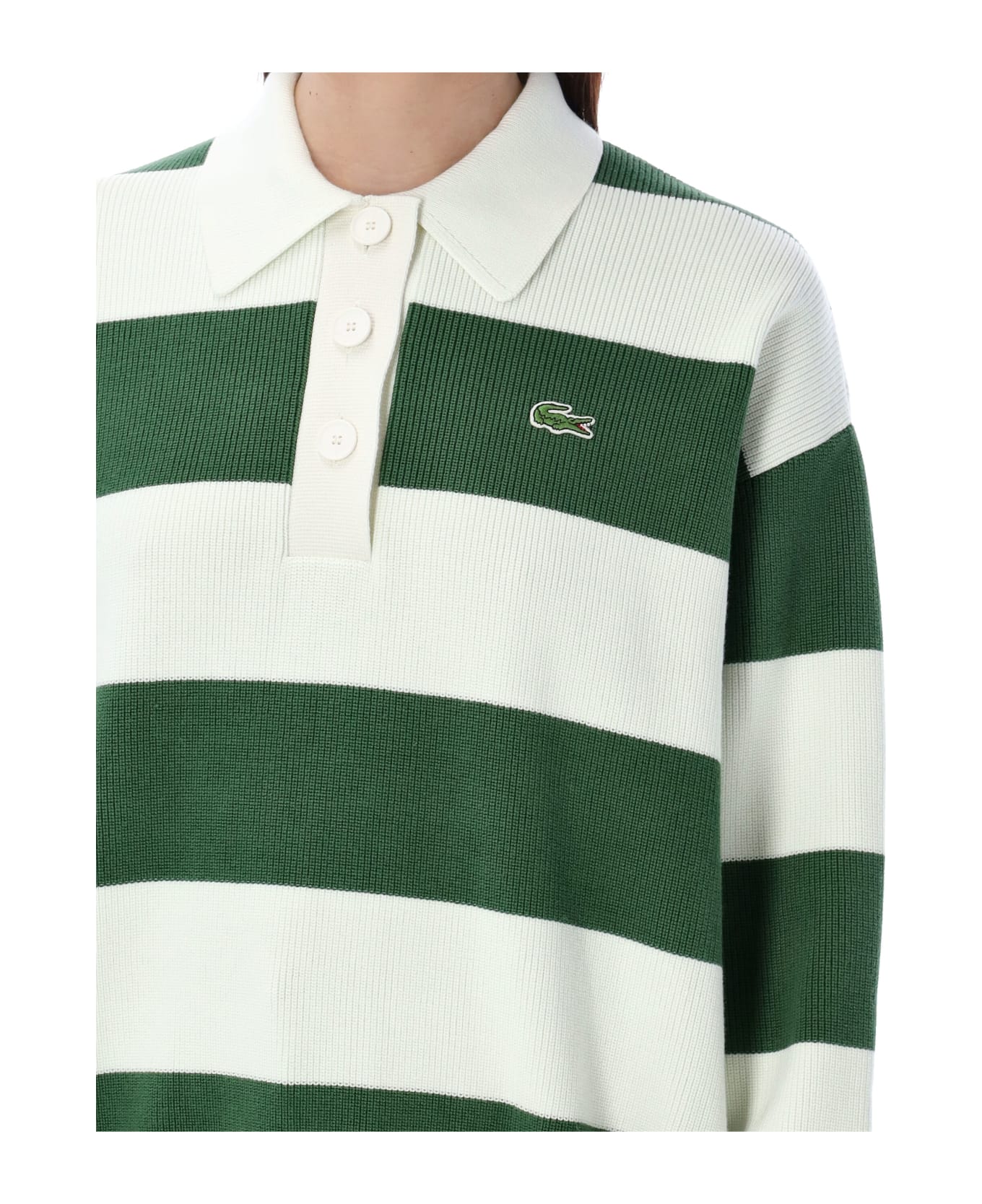 Lacoste Stripe Rib Knit Polo Shirt - WHITE GREEN STRIPES ポロシャツ