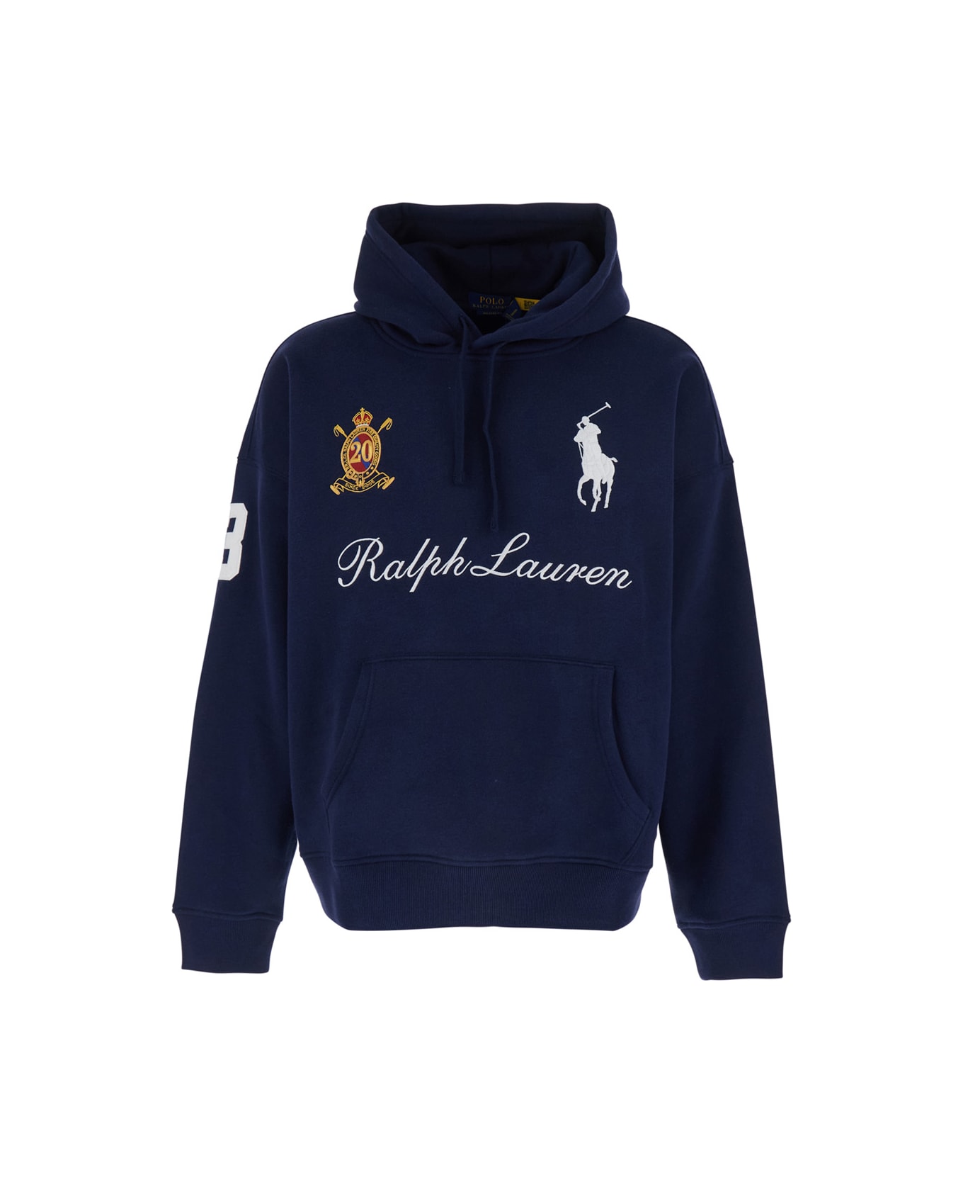 Polo Ralph Lauren 'regular Fit' Blue Hoodie With Maxi Horse Embroidery On The Front And Lettering Logo In Cotton Blend Man - Blu