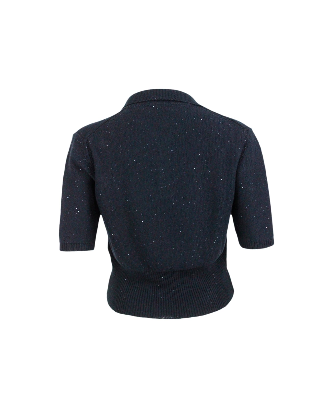 Fabiana Filippi Short-sleeved Polo Shirt In Cotton And Linen, Embellished With Brilliant Applied Micro-sequins - Black