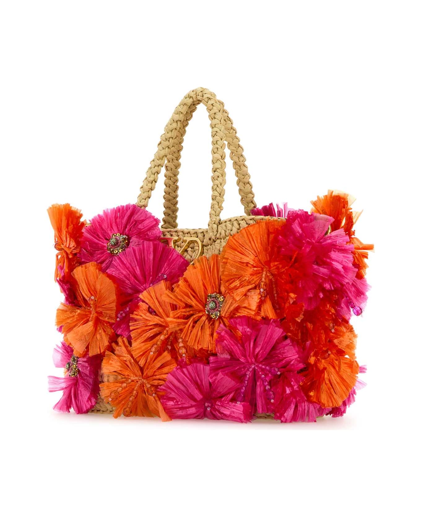 Valentino Garavani Embellished Raffia Vlogo Signature Handbag - NATURALEROSSOROSANATURALCAMEL