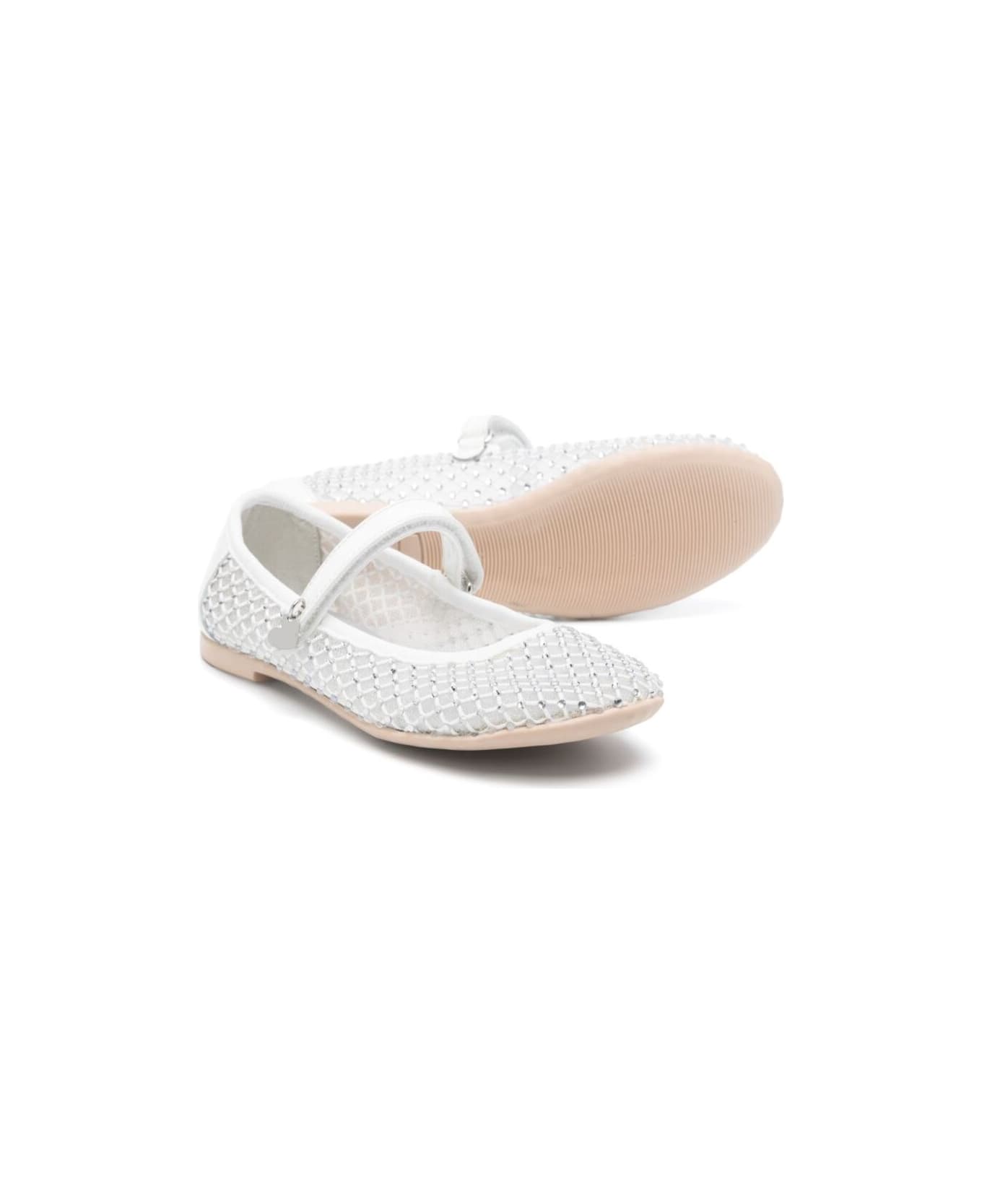 Monnalisa White Ballet Shoes With Logo Charm On Theside And Crystal Embellishments In Tech Fabric Girl - White