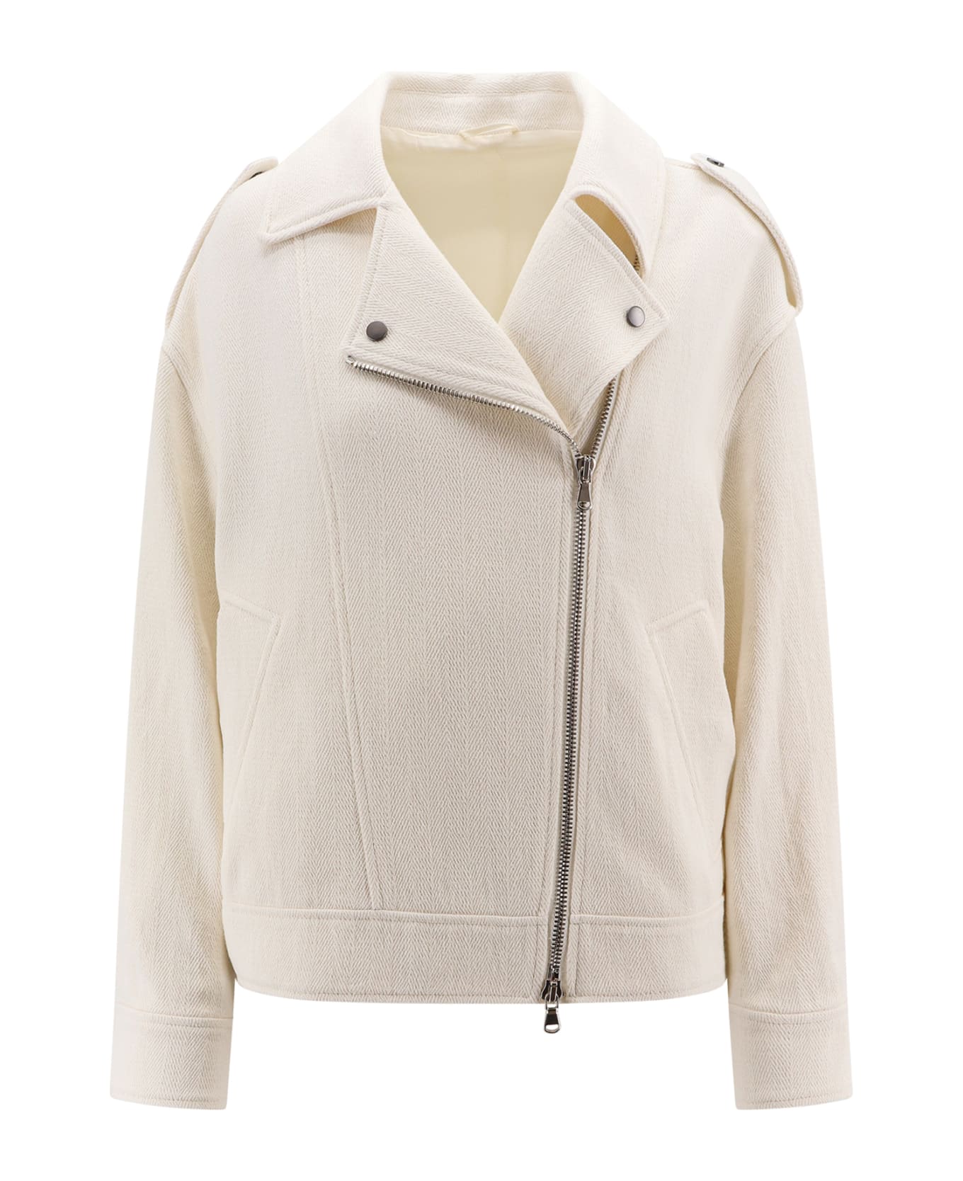 Brunello Cucinelli Long-sleeved Zipped Biker Jacket - White