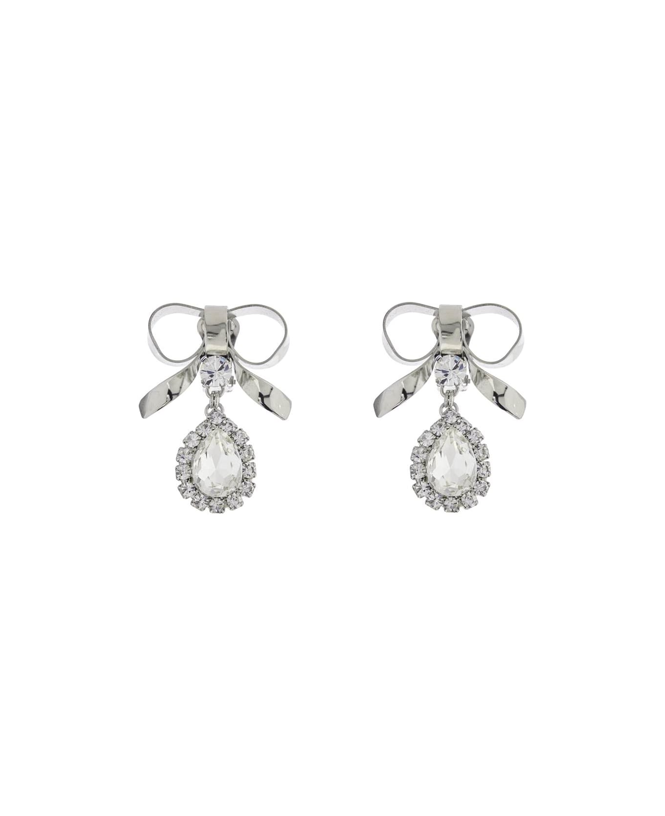 Alessandra Rich Bow Earrings With Crystal Pendant In Silver-plated Brass - CRY-SILVER (Silver)