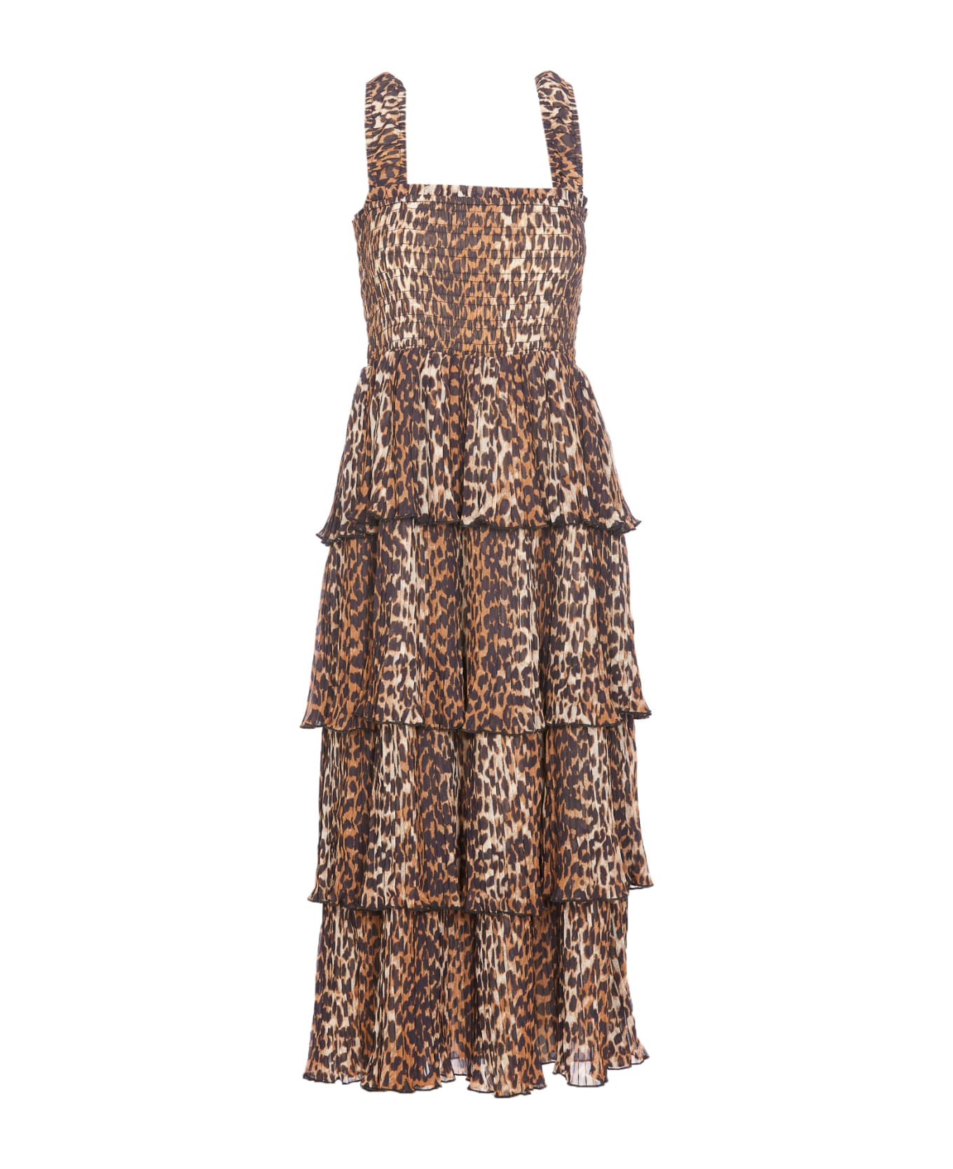 Ganni Leopard Print Midi Dress - Almond Milk