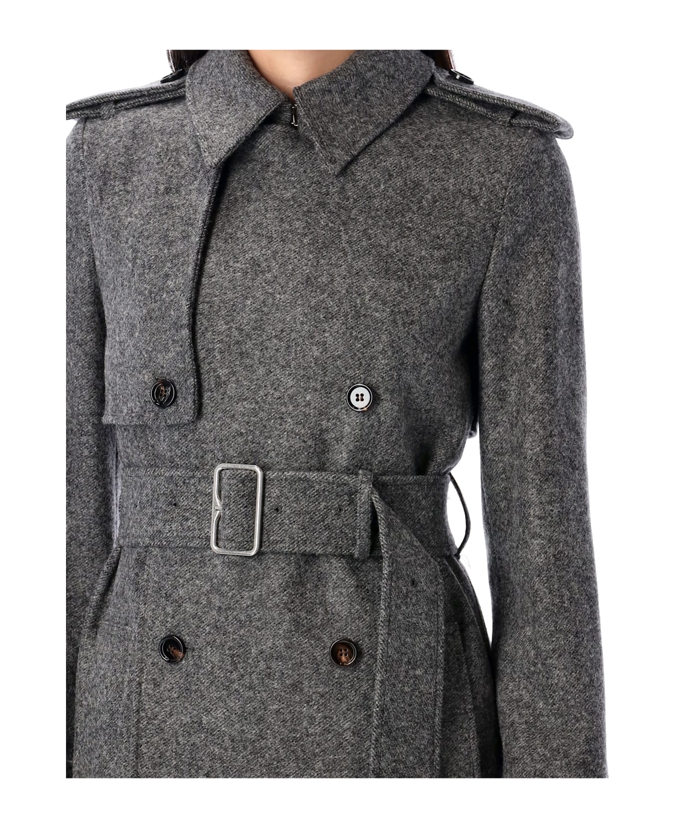 Burberry London Long Wool Trench Coat - GREY MELANGE