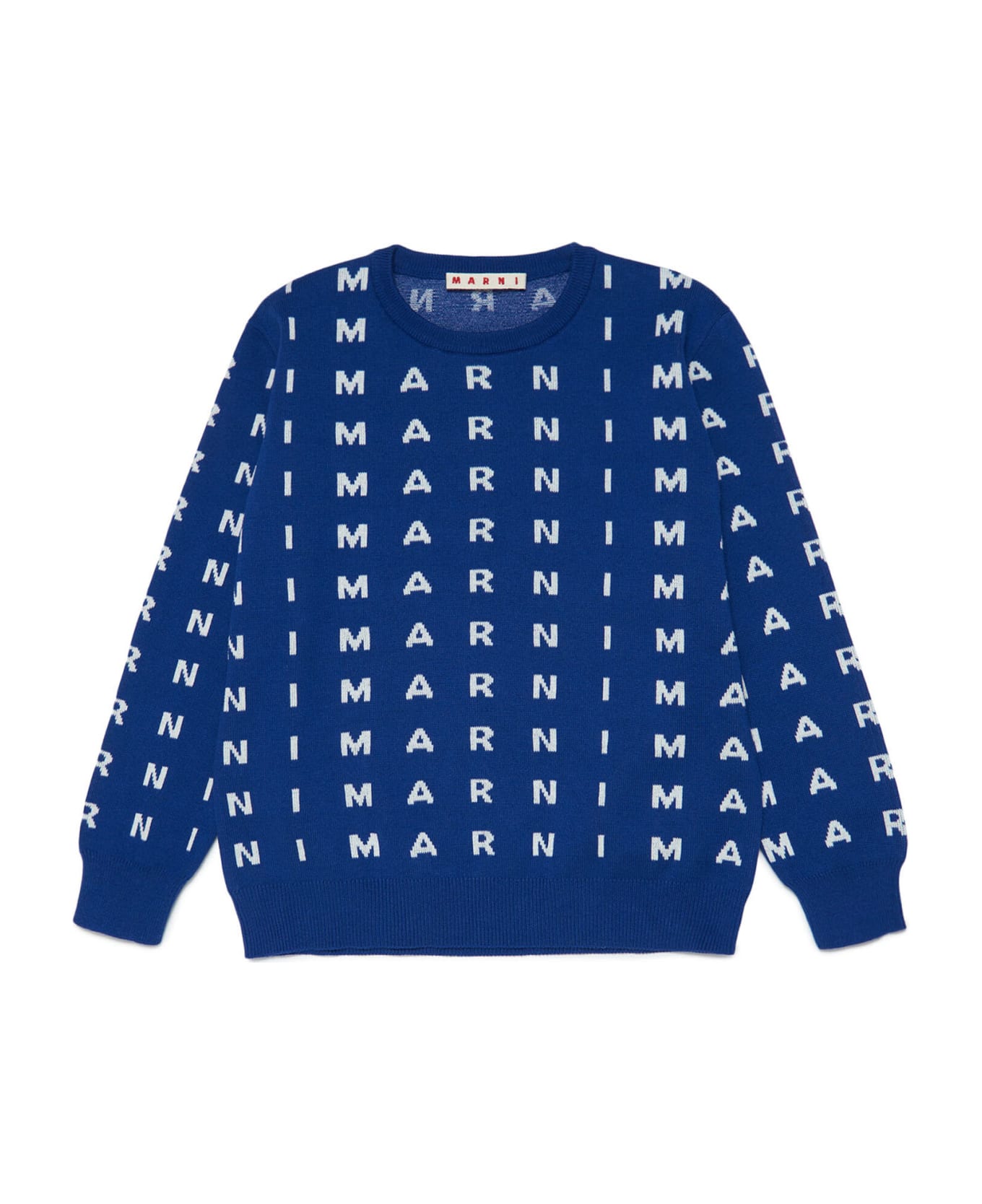Marni Mk18u Knitwear Marni Blue Cotton Crew-neck Jumper With Inlaid Allover Logo - Surf the web