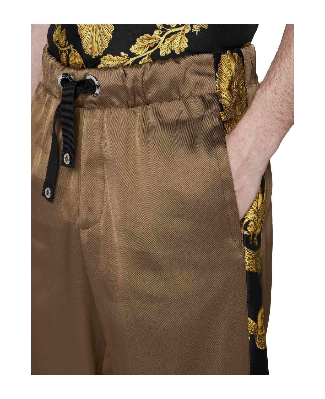 Versace Camel Trousers With Baroque Bands - Brown