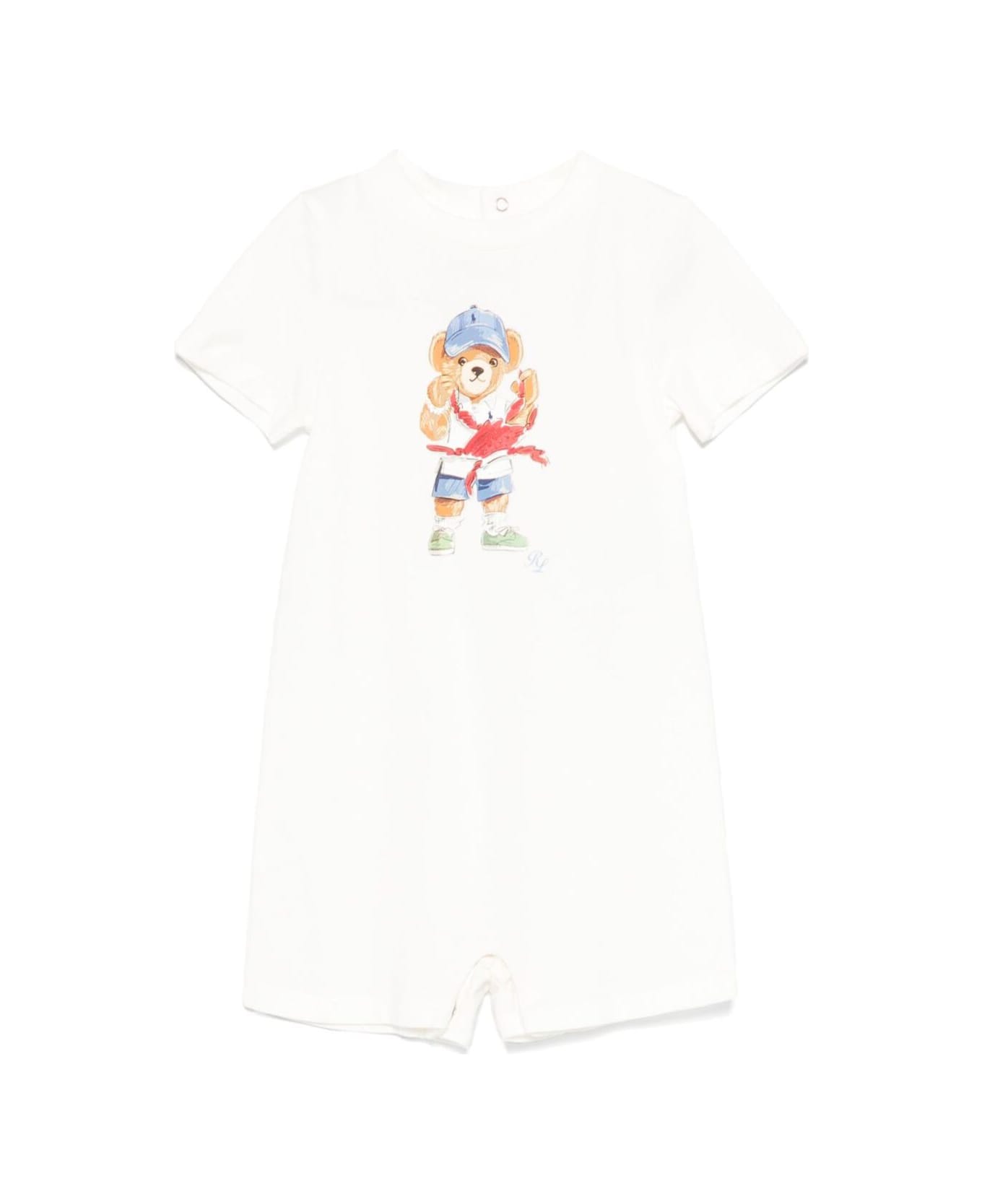 Polo Ralph Lauren White One-piece With Round Neck And Maxi Logo On The Front In Cotton Baby - White