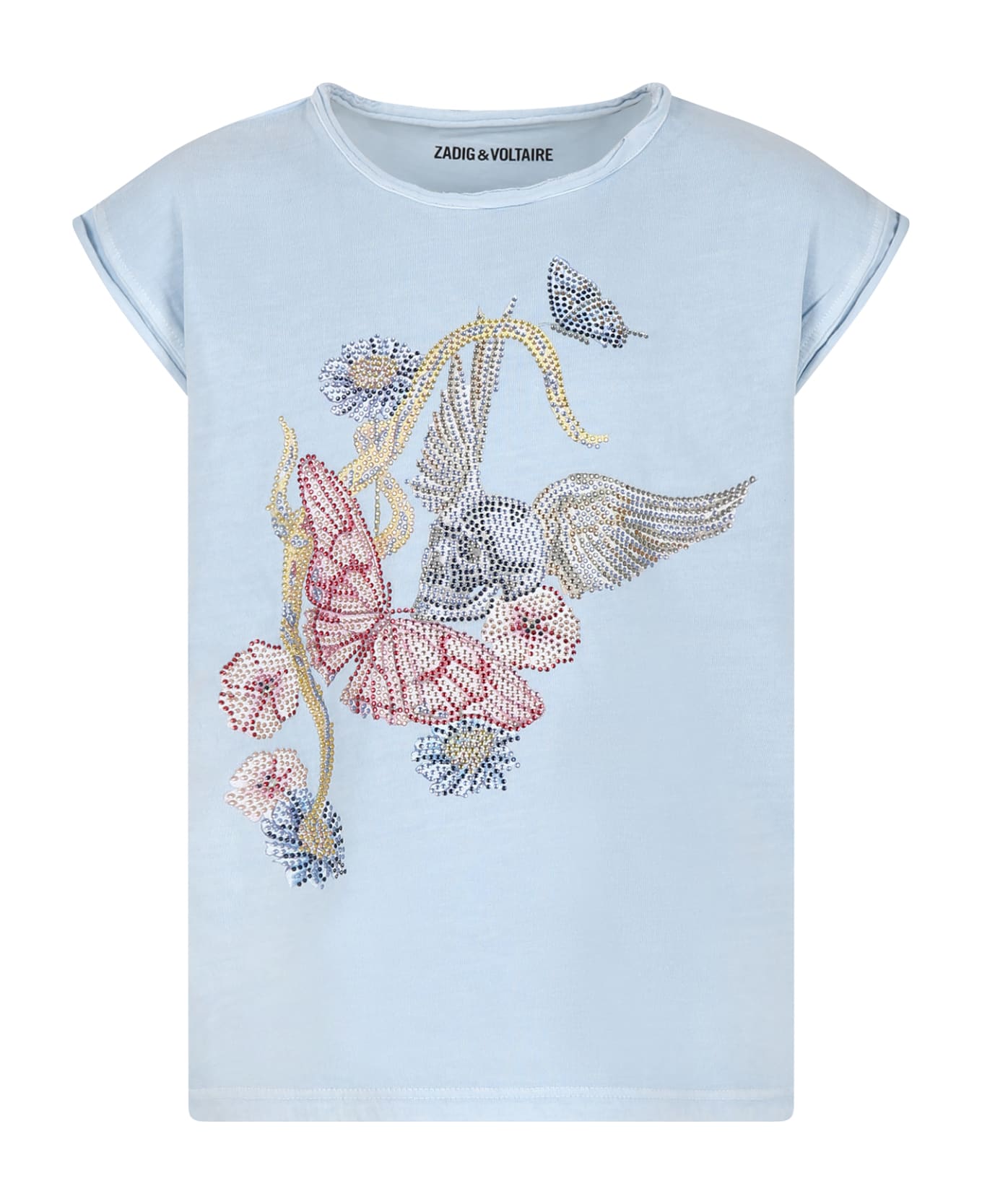 Zadig & Voltaire Light Blue T-shirt For Girl With Skull And Butterfly - Light Blue