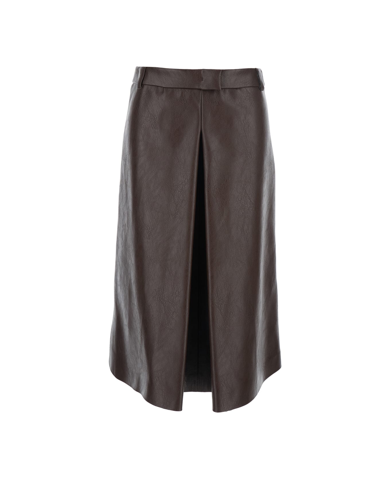 MSGM Brown Midi Skirt With Belt Loops And Front Single Slit In Ecoleather Woman - Brown