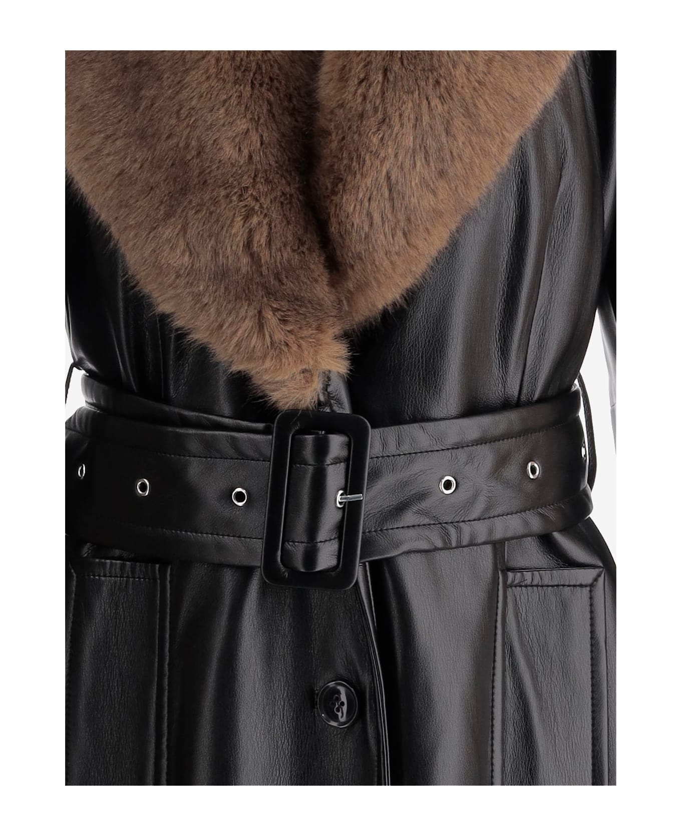 STAND STUDIO Estella Synthetic Leather Coat With Fur Details - Black