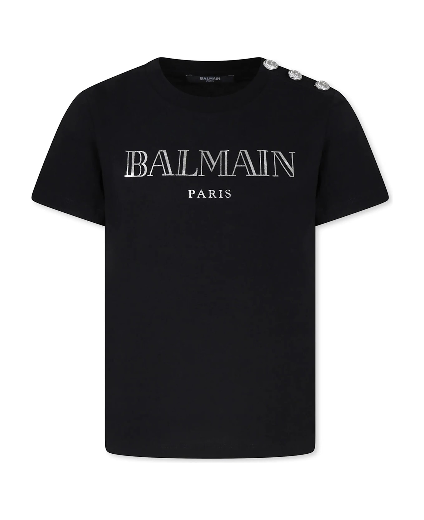 Balmain Black T-shirt With Silver Buttons And Logo - Black