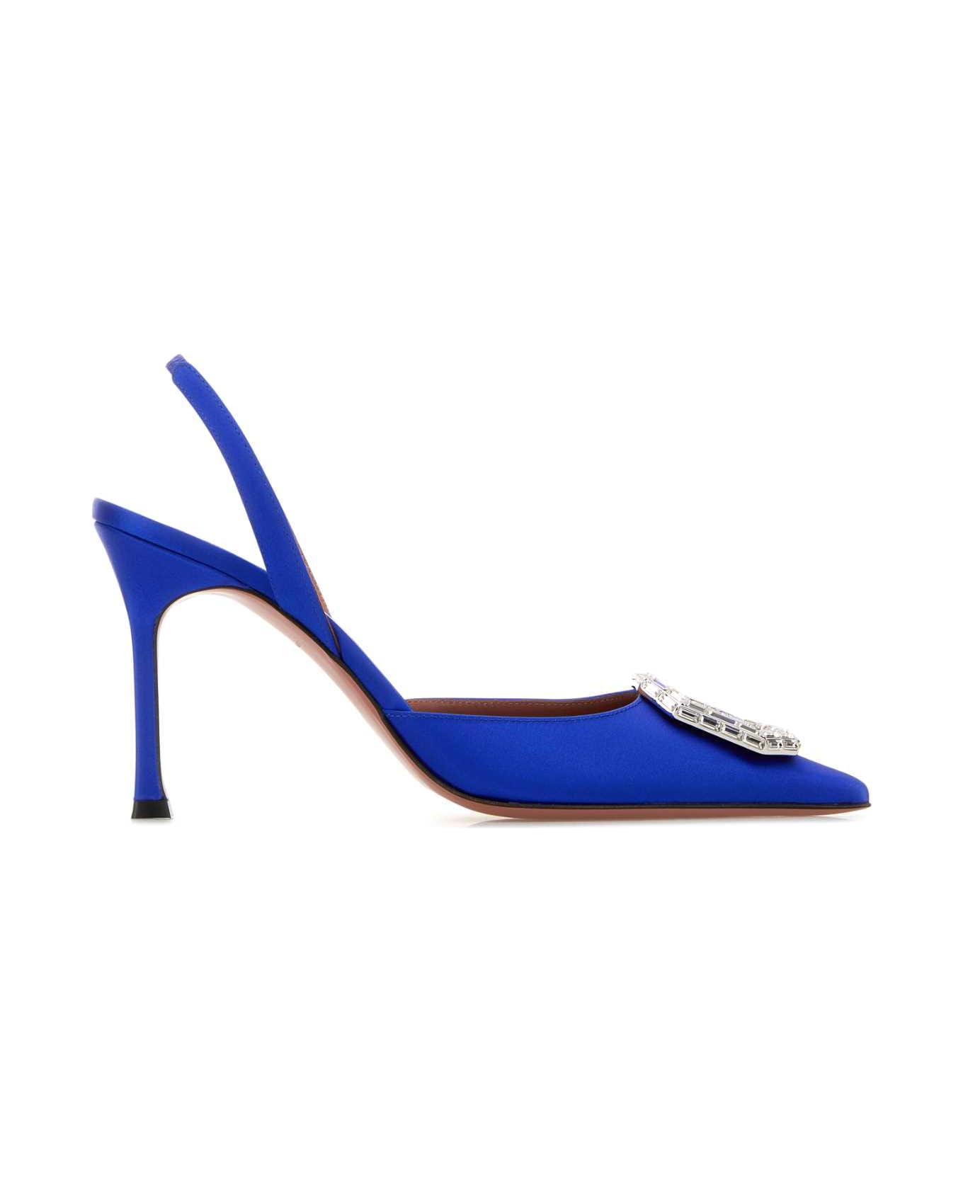 Amina Muaddi Electric Blue Satin Camelia Pumps - ELEBLUWHT