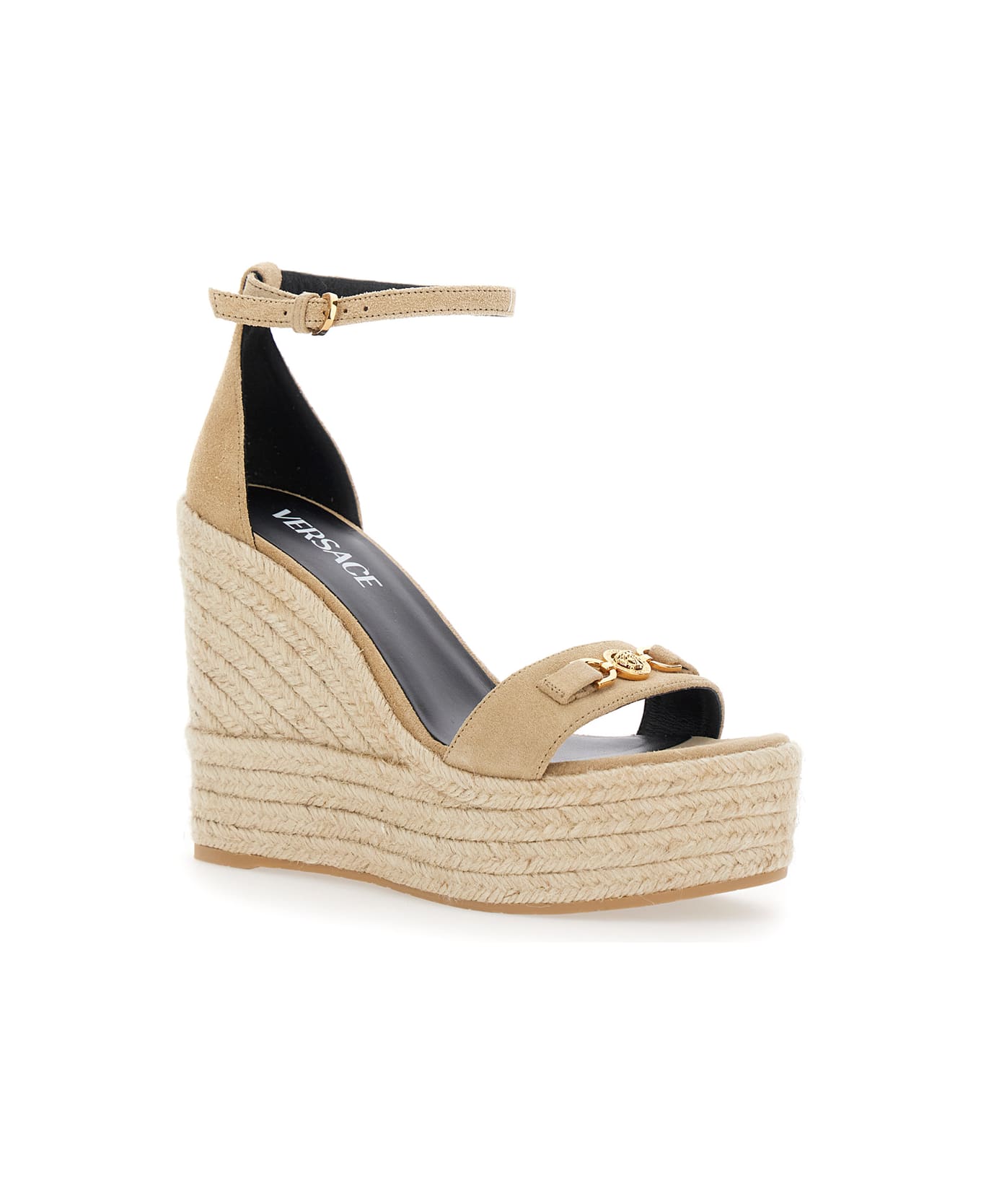 Versace Beige Wedges With Adjustable Buckle Closure And Medusa Plaque On The Front In Leather Woman - Beige