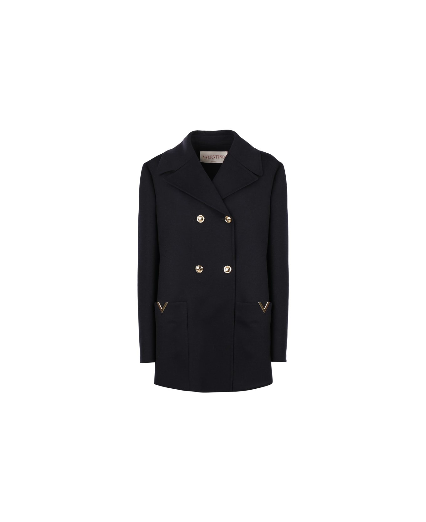 Valentino Peacoat Coat In Wool And Cashmere - Navy