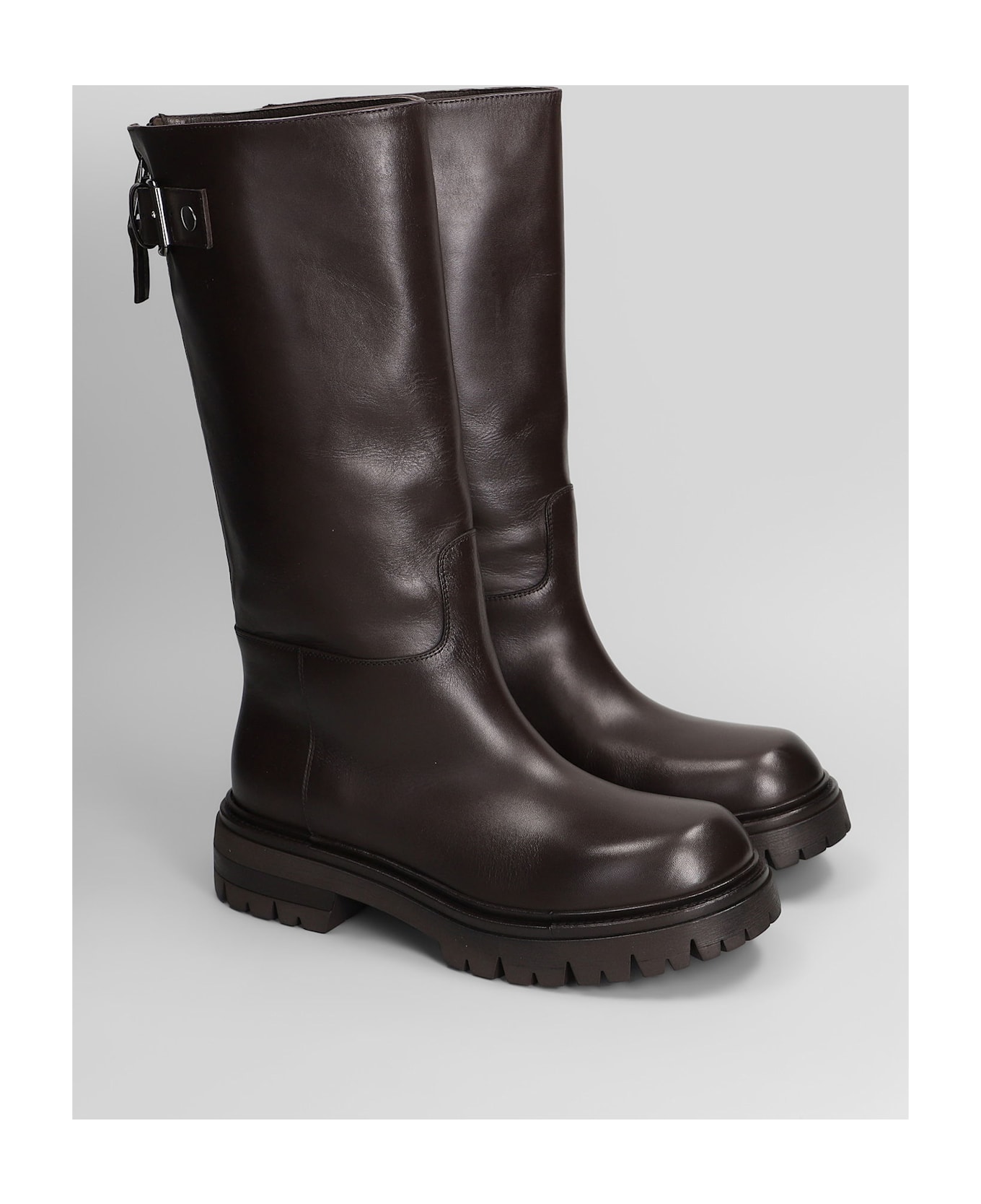 Elena Iachi Low Heels Boots In Dark Brown Leather - dark brown