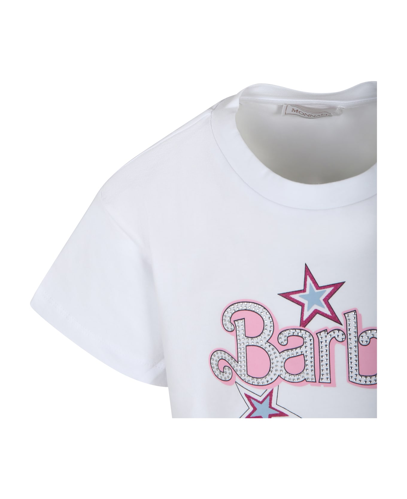 Monnalisa White Crop T-shirt For Girl With Writing And Rhinestone - White Tシャツ＆ポロシャツ