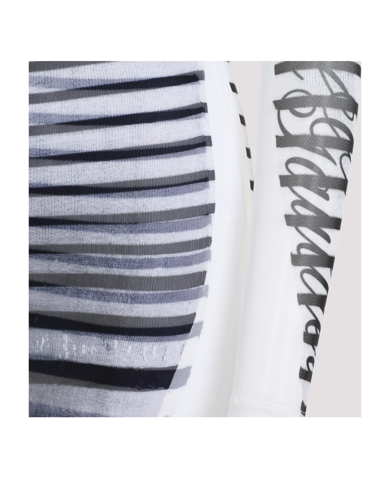 Jean Paul Gaultier Spandex Mesh Printed Feathers Mariniere Mini Dress - White Navy Black
