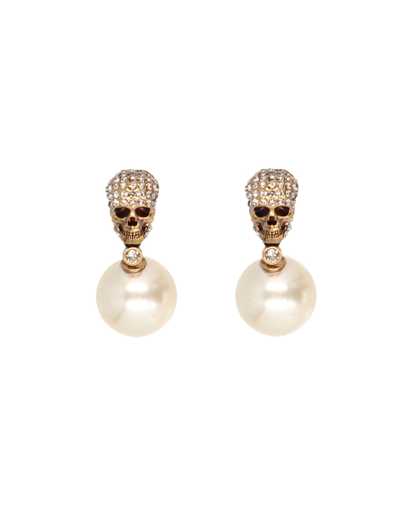 Alexander McQueen Pearl Skull Earrings In Antiqued Gold - Gold