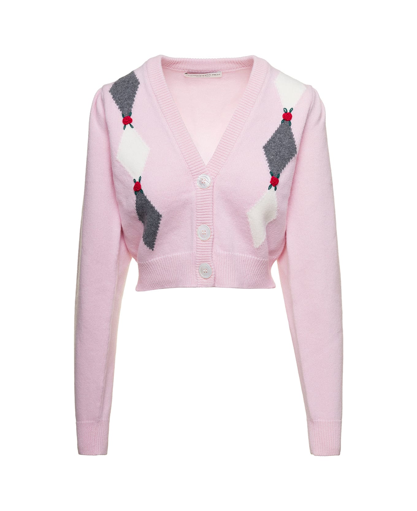 Alessandra Rich Pink Cardigan With 'diamond' Motif And Embroidered Rose Detail In Wool Woman - Pink