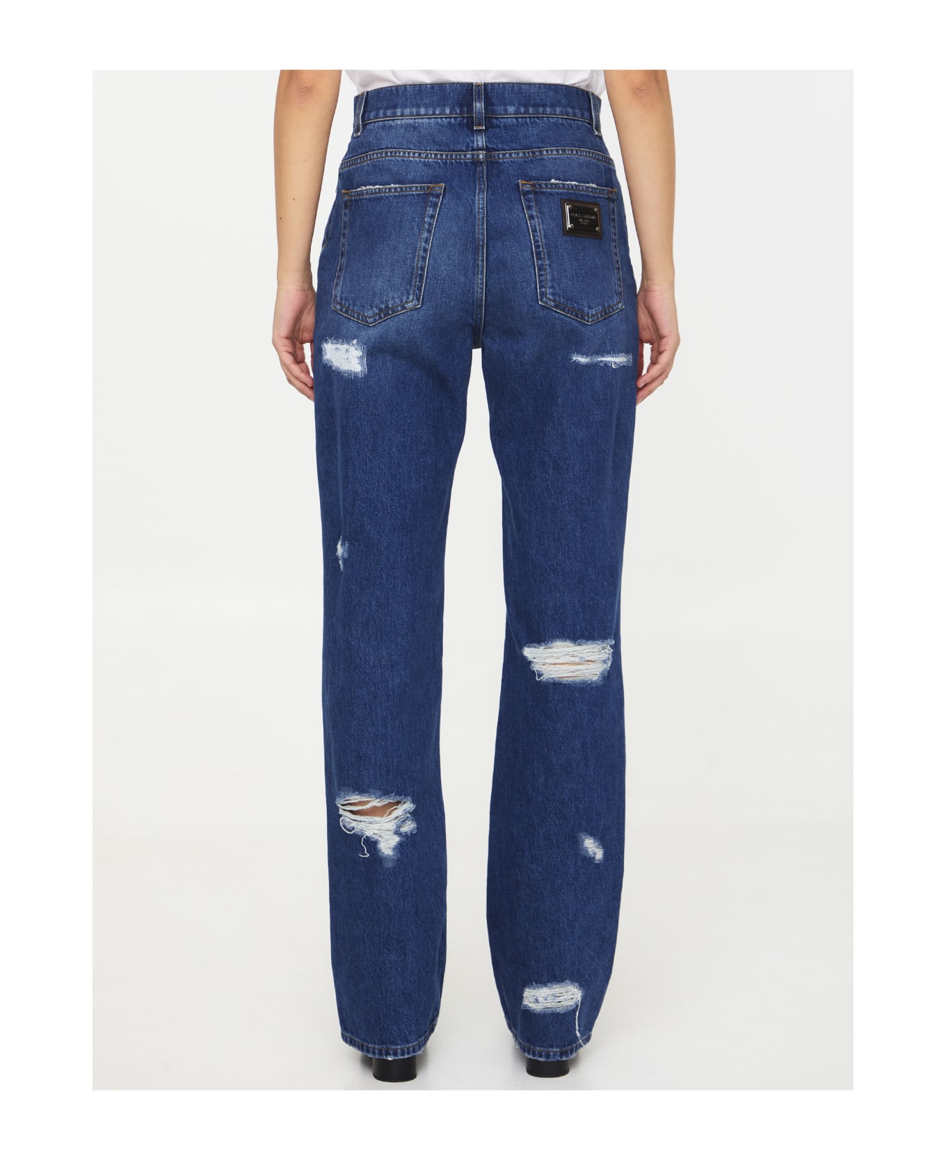 Dolce & Gabbana Distressed Jeans With Leo Print - LIGHT BLUE デニム