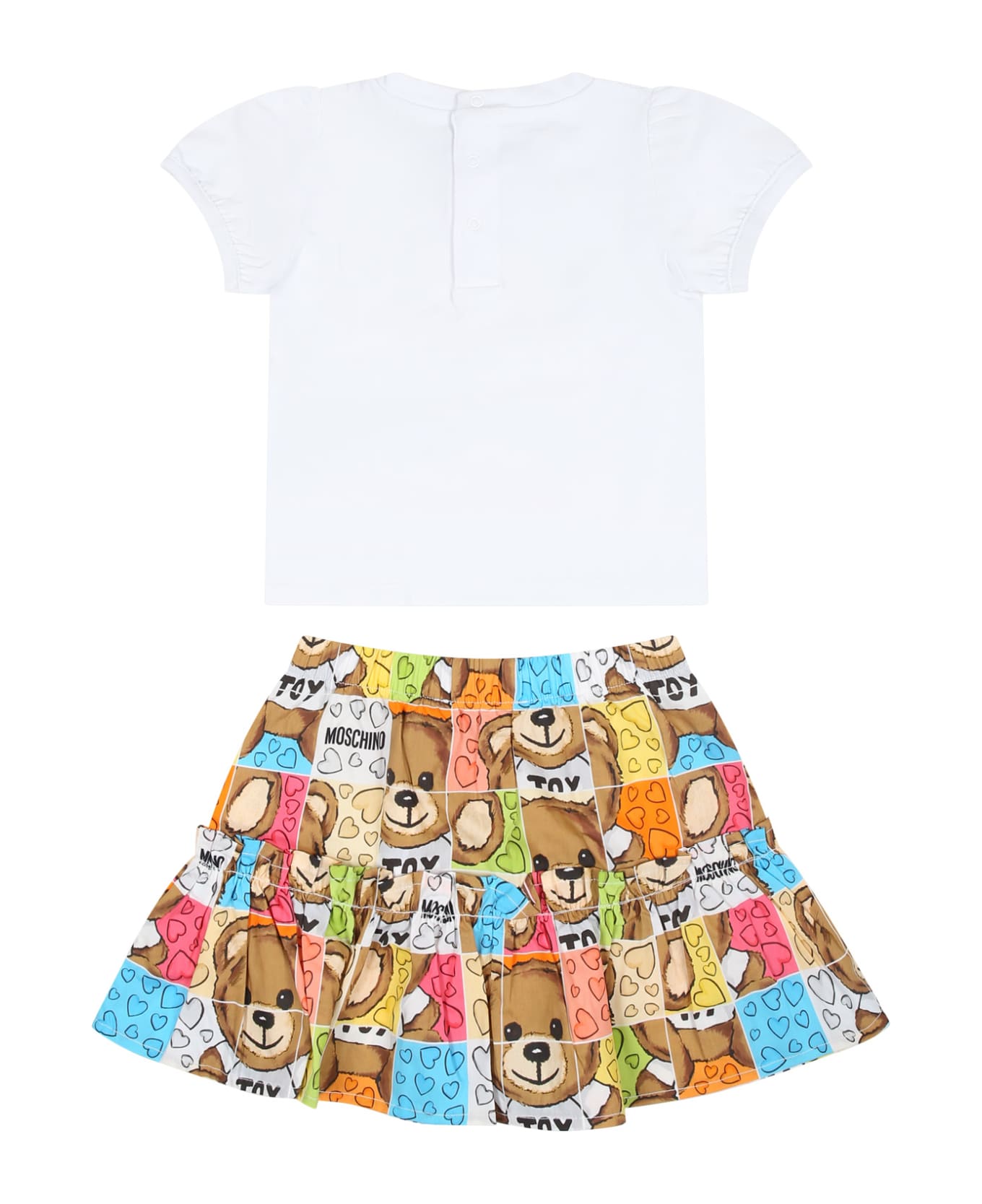 Moschino White Suit For Baby Girl With Teddy Bear And Hearts - Multicolor ボトムス
