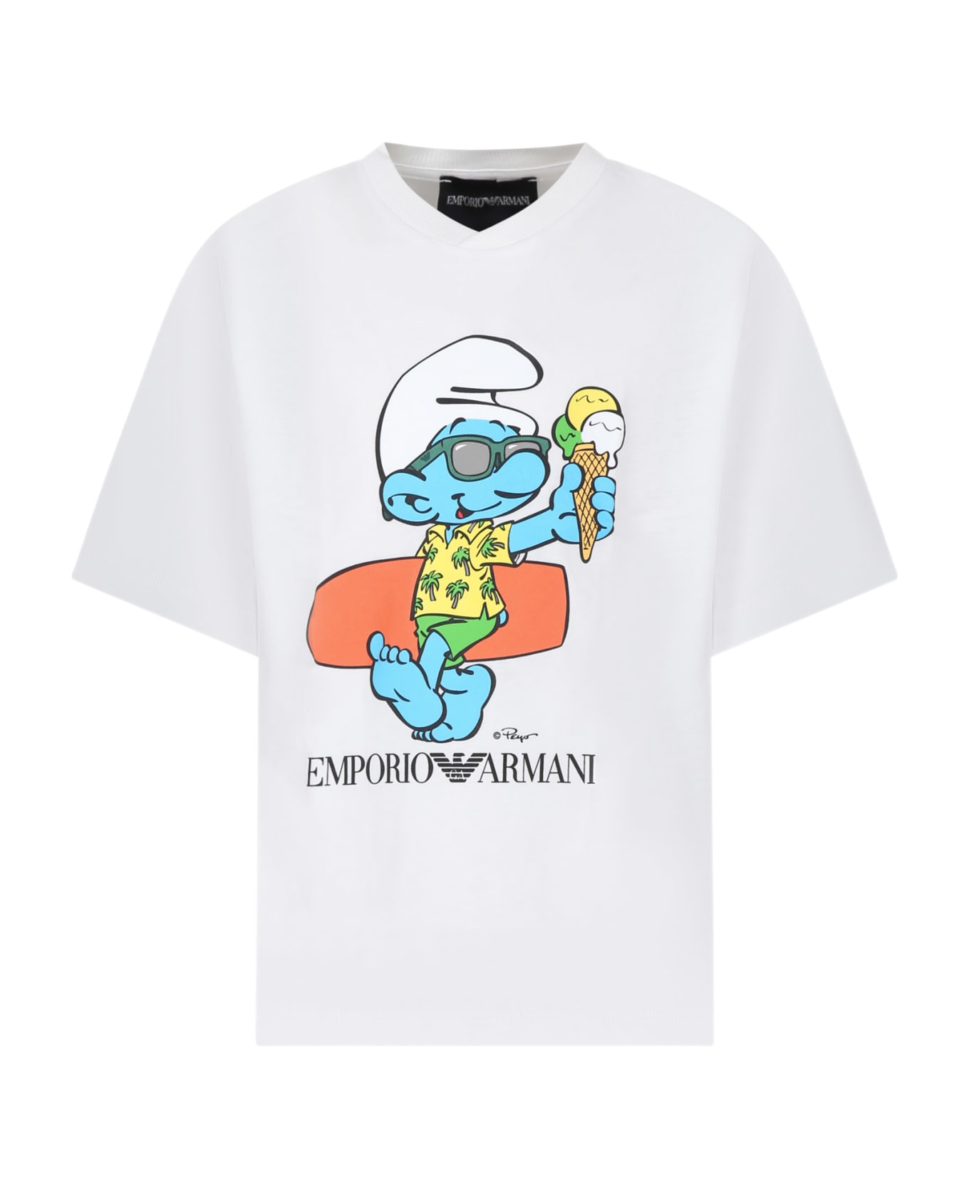 Emporio Armani White T-shirt For Boy With Smurf Print - Bianco Caldo Tシャツ＆ポロシャツ