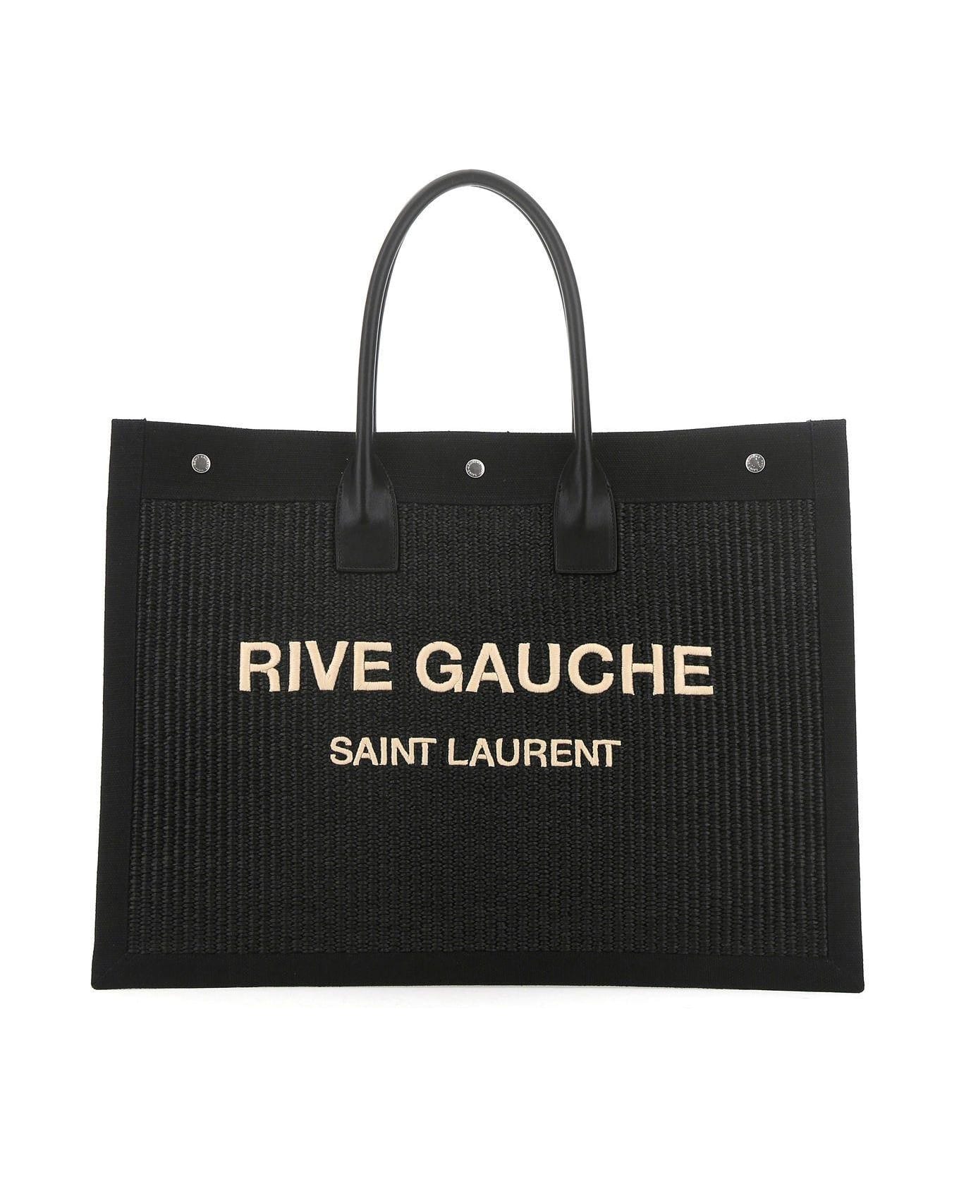 Saint Laurent Black Rafia And Canvas Rive Gauche Shopping Bag - Nero naturale