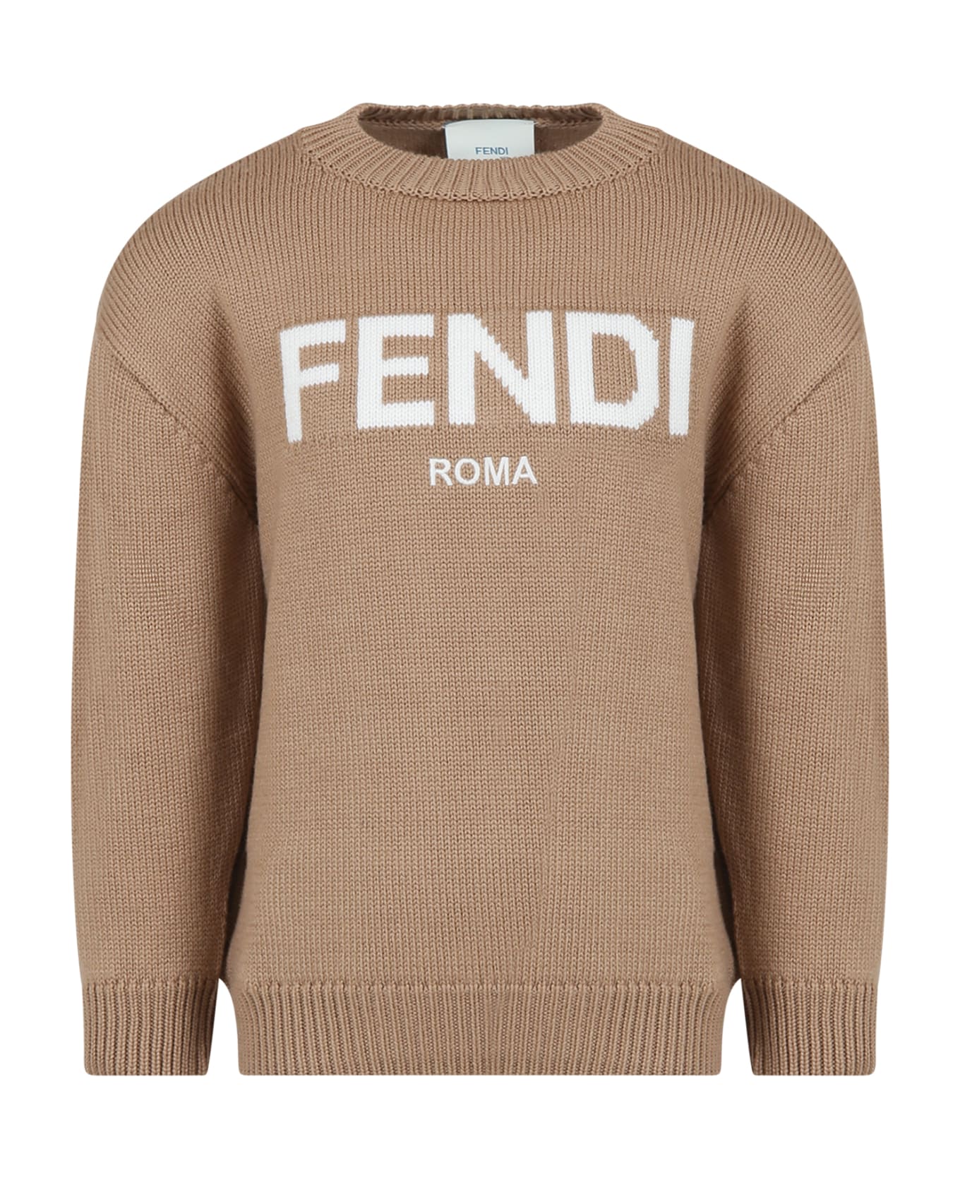 Fendi Camel Sweater With Logo For Kids - Brown ニットウェア＆スウェットシャツ