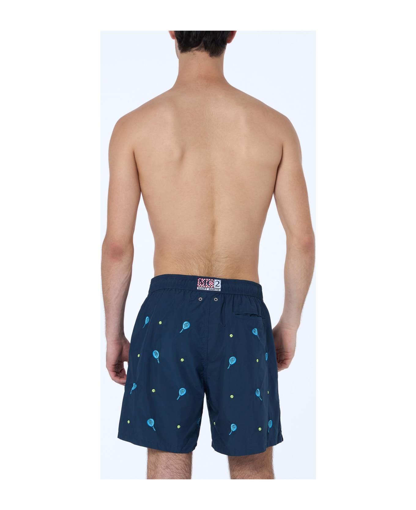 MC2 Saint Barth Mid-length Striped Gustavia Swim-shorts With Padel Embroidery - BLUE
