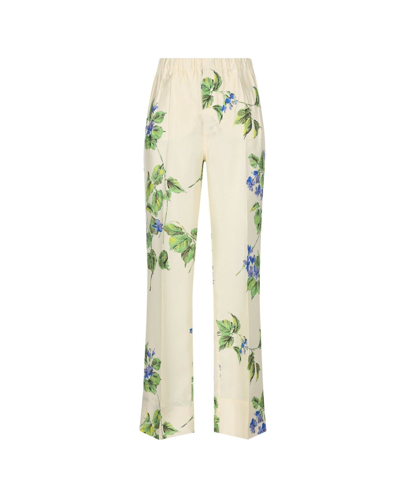 Prada Floral-printed Elasticated Waistband Trousers - White