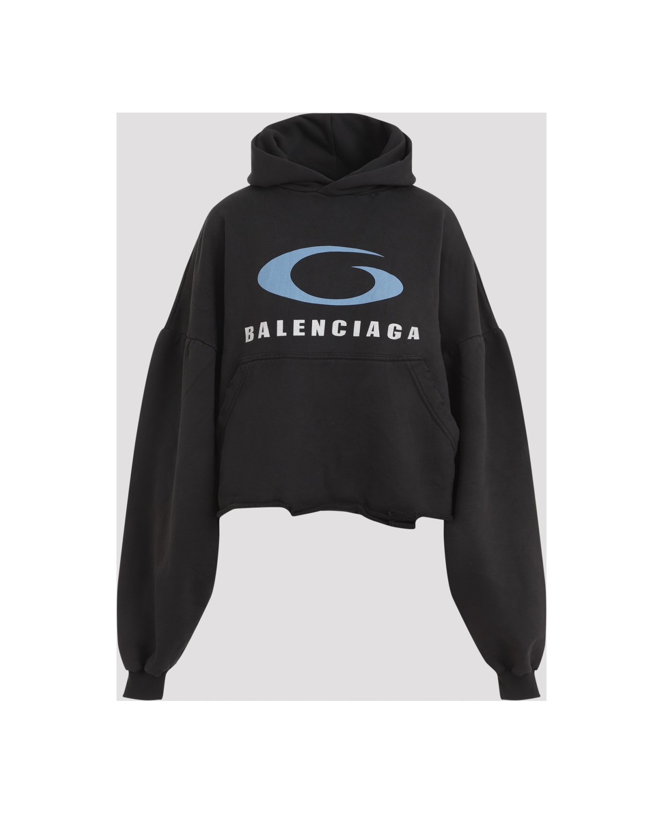 Balenciaga Loop Sports Icon Destroyed Cropped Hoodie - WASHEDBLACKBLUE