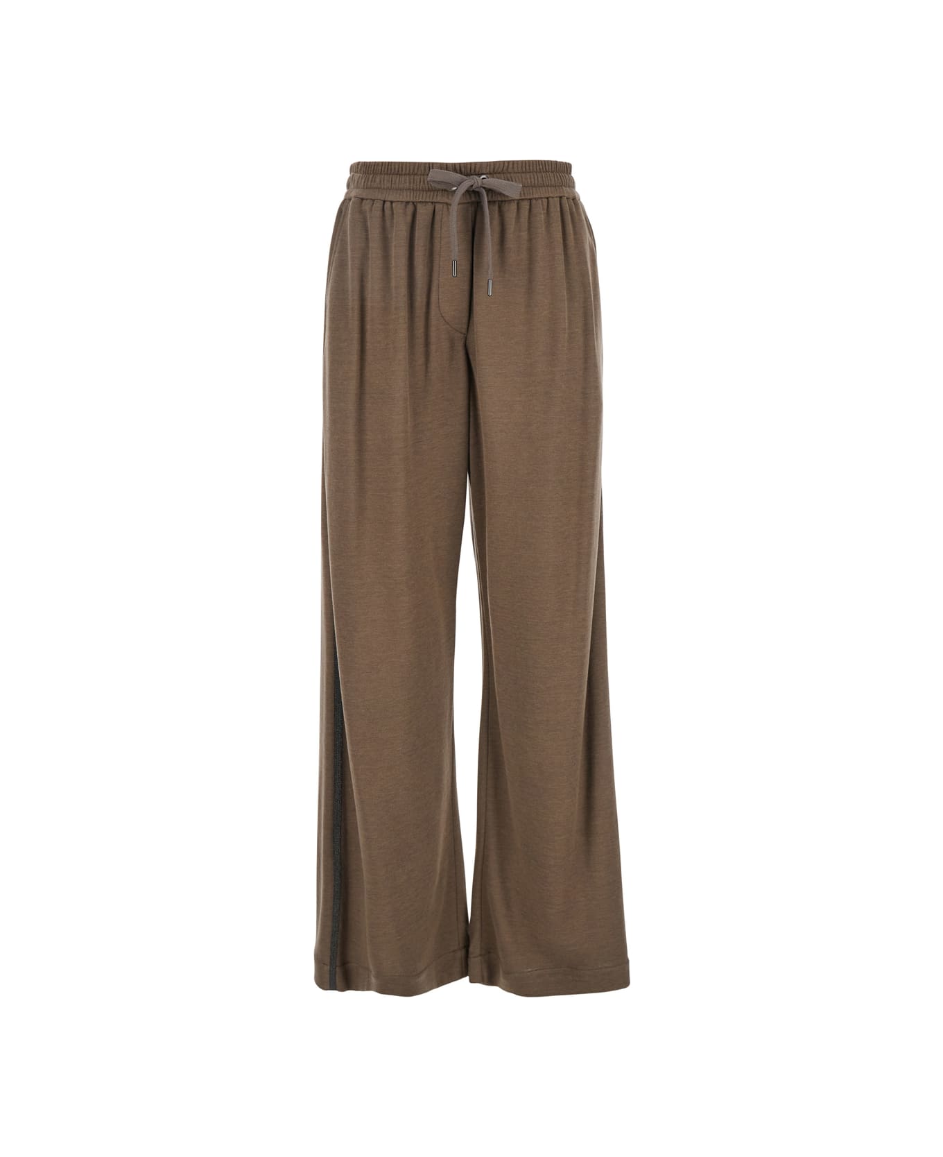 Brunello Cucinelli Brown Pants With Elastic Drawstring Waist And Monil Detail On The Side In Cotton Blend Woman - Brown