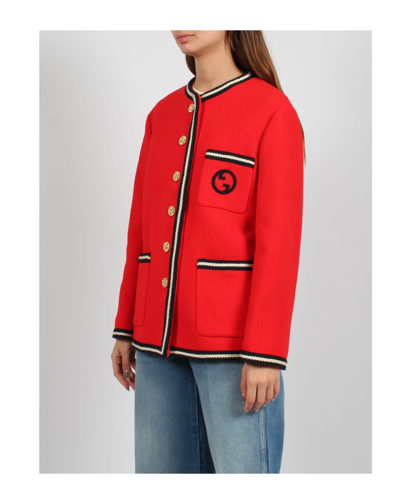 Gucci Round Interlocking G Tweed Jacket - Red