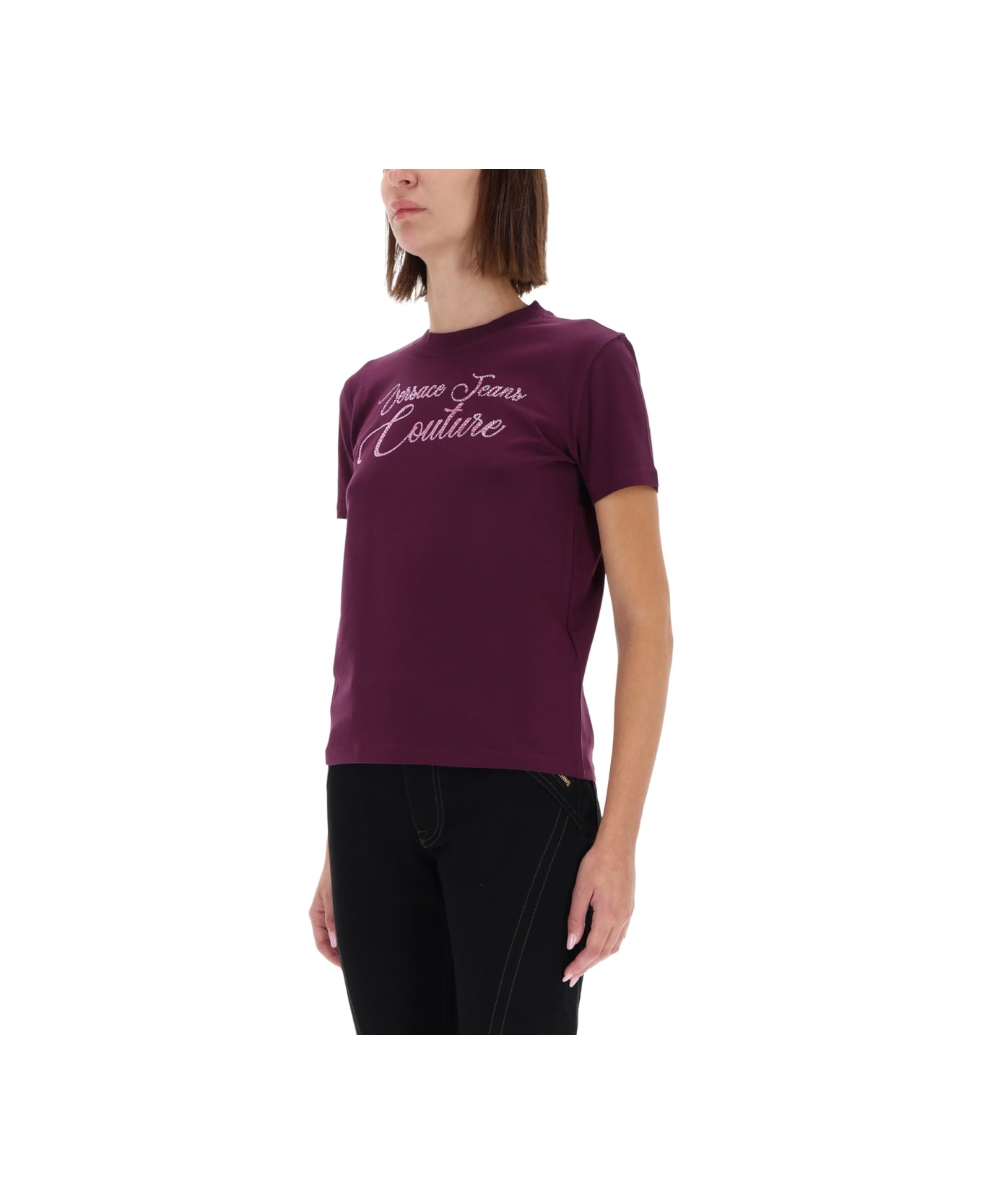 Versace Jeans Couture T-shirt With Logo And Rhinestones - burgundy